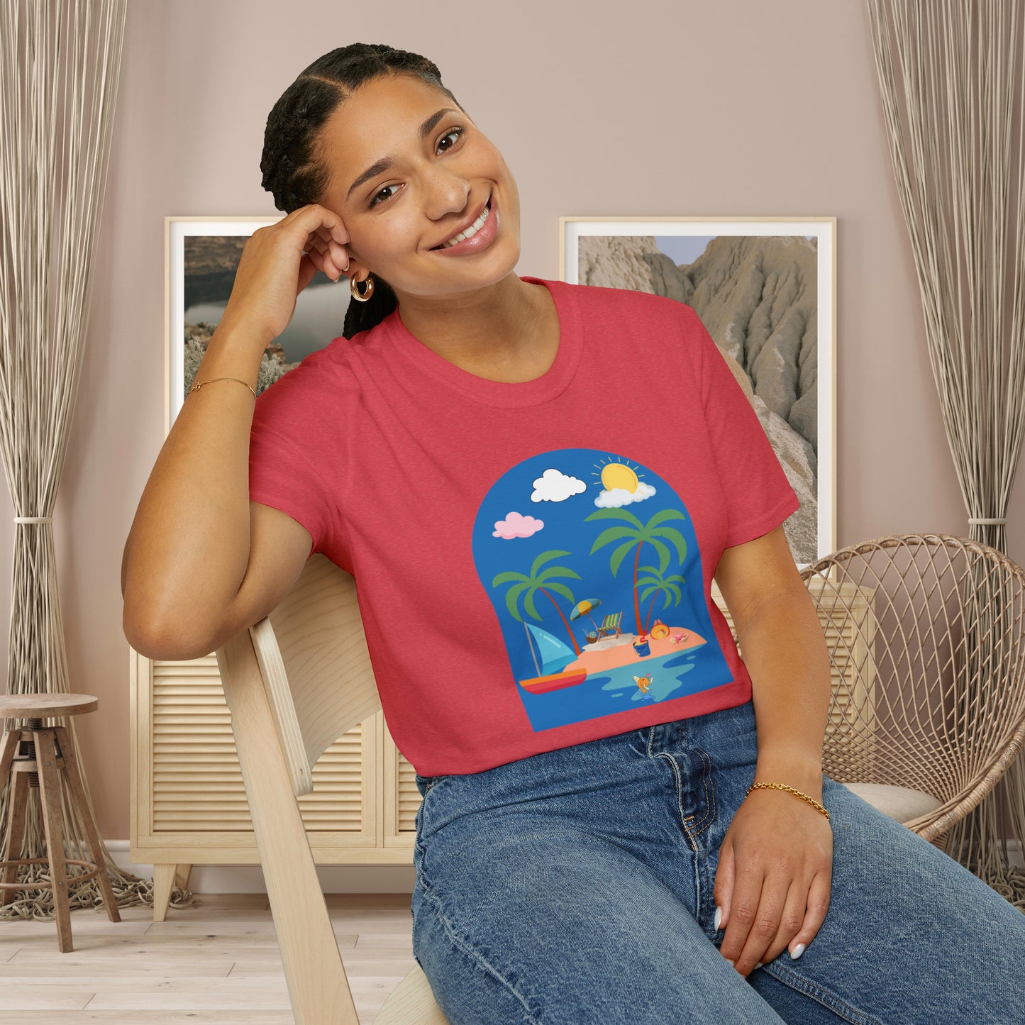 Do you smile when you think of being on an island with the sun, sand and breeze embracing you? This Unisex Softstyle T-Shirt is made for that beach loving person.