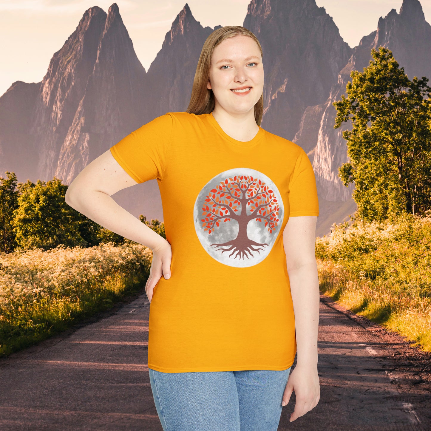 Beautifully strong tree with the moon as its backdrop on this Unisex Softstyle T-Shirt.