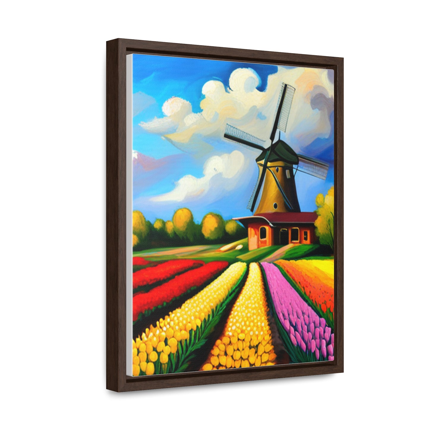 A Dutch windmill with a field of tulips inspired this design on this gallery canvas wrap with vertical frame. Sizes vary.
