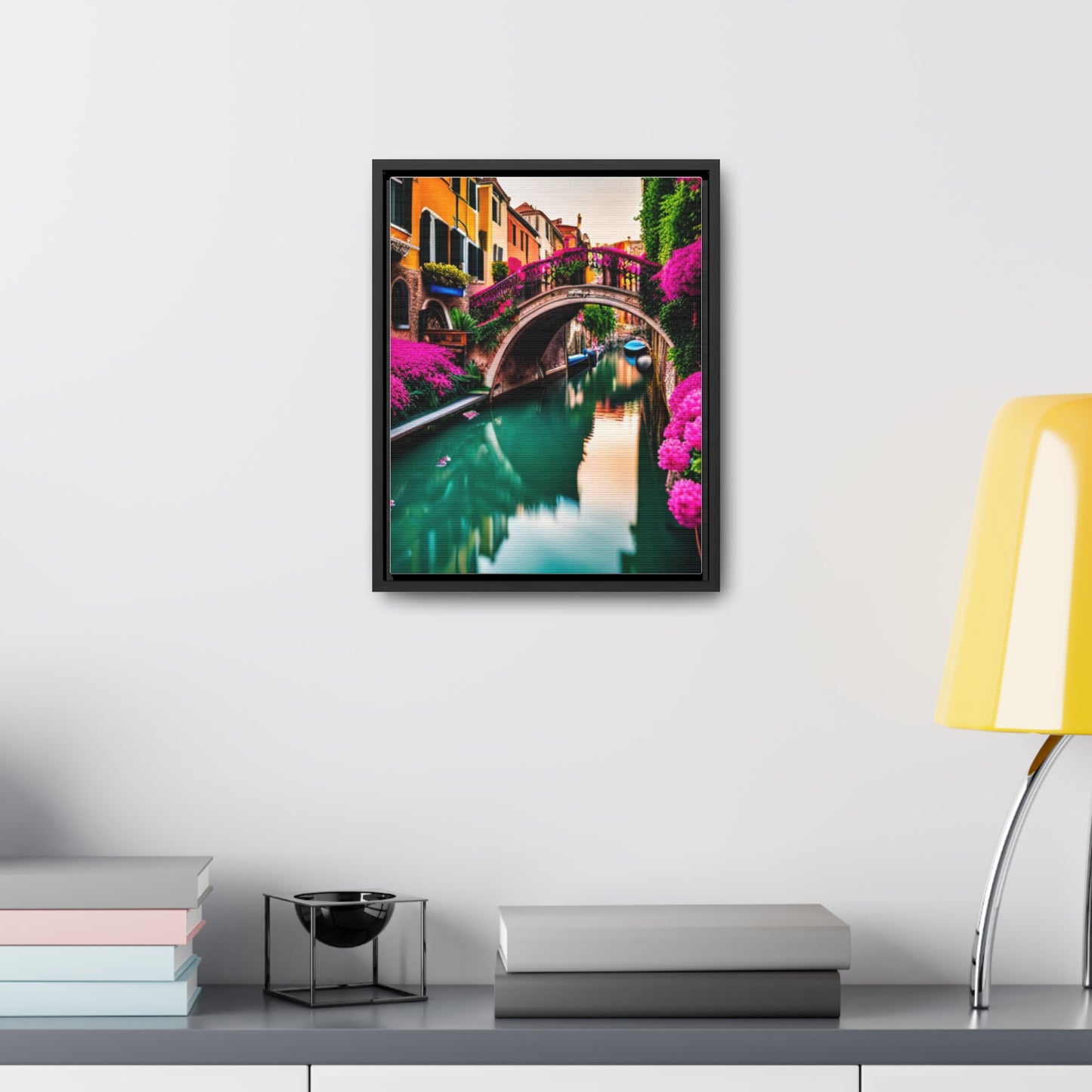 A colorful Venice inspired depiction on this gallery canvas wrap with vertical frame. Sizes vary.