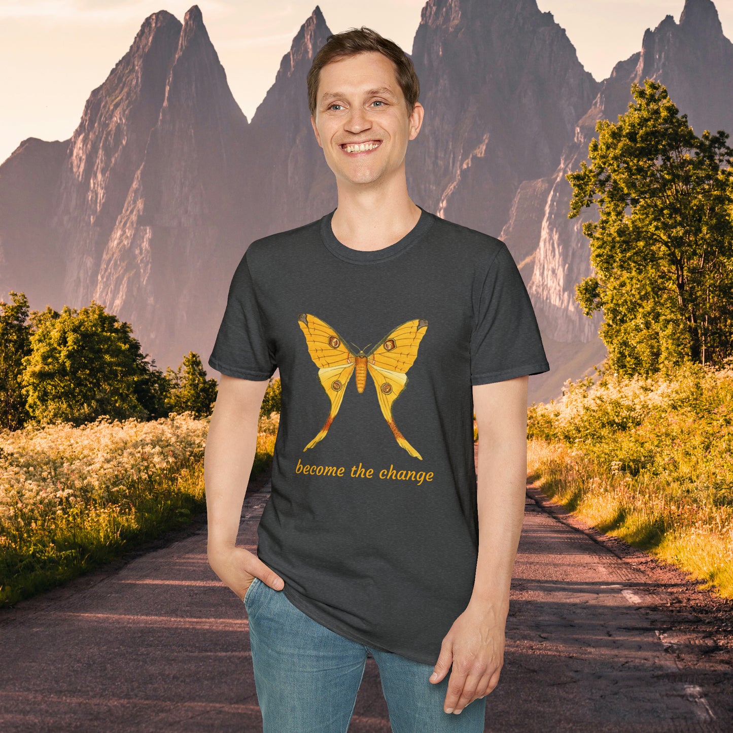 Beautiful butterfly “become the change” Unisex Softstyle T-Shirt design. A great and timeless message on a shirt.