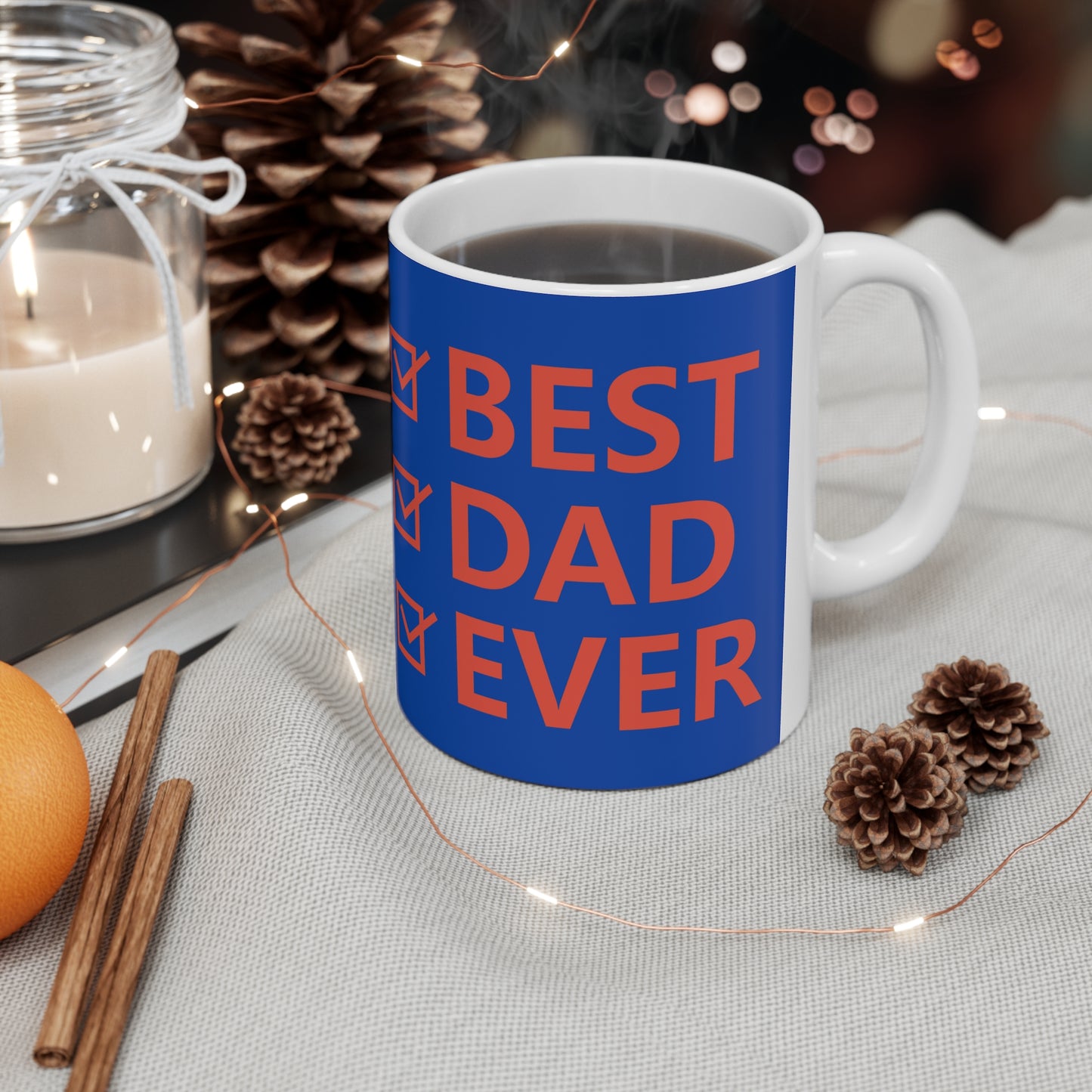 “BEST DAD EVER” on one side and dad happily playing basketball with his son. Part of several mugs to choose from depending on what resonates with you.