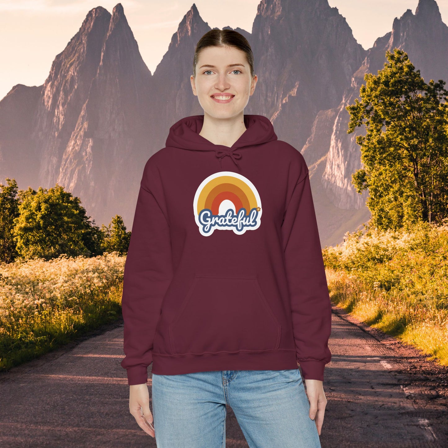 Hooded Sweatshirt with Simple Rainbow over Grateful Design