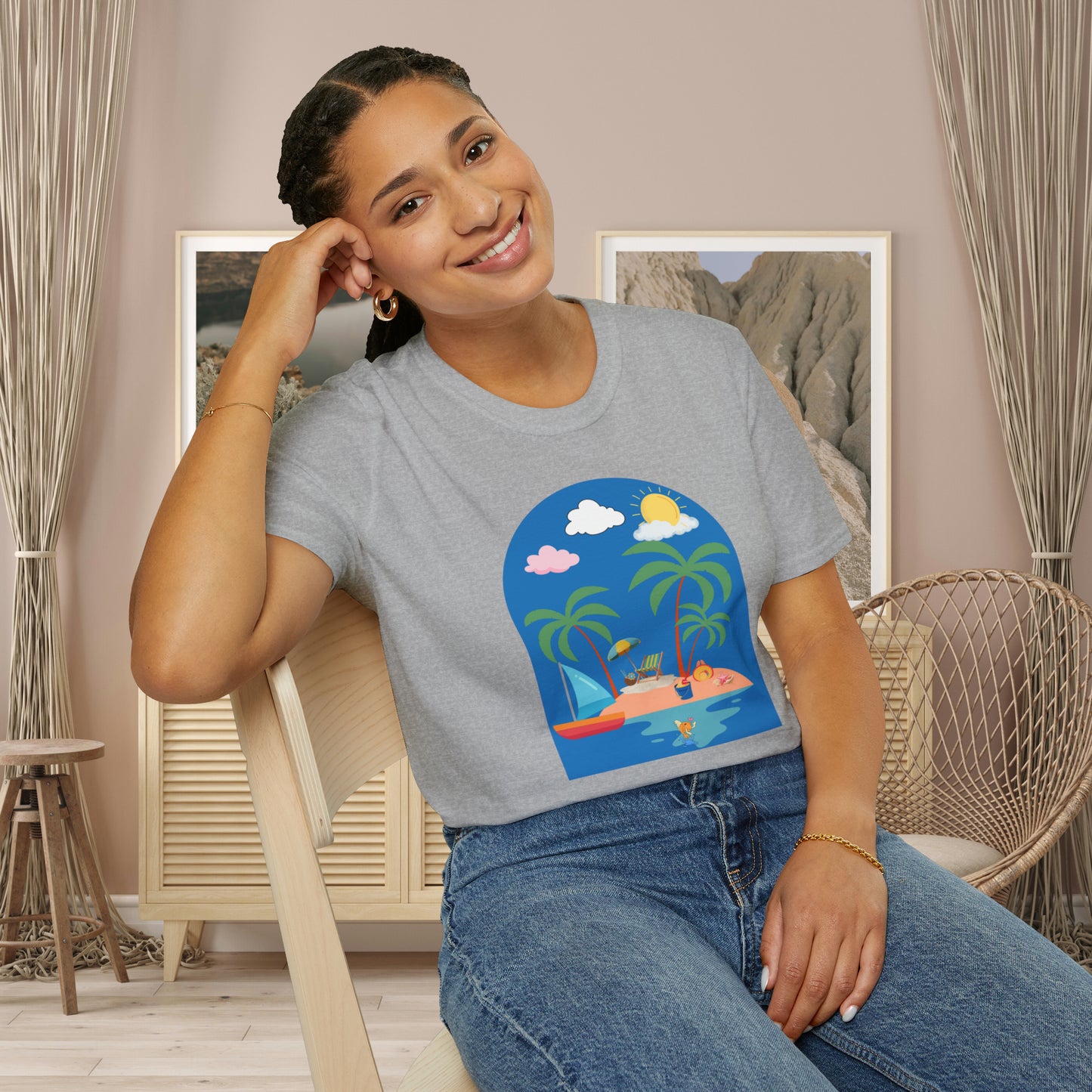 Do you smile when you think of being on an island with the sun, sand and breeze embracing you? This Unisex Softstyle T-Shirt is made for that beach loving person.