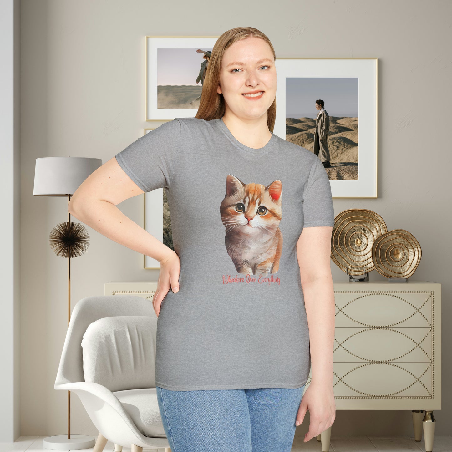 A cute cat with “Whiskers over everything” below it on this Unisex Softstyle T-Shirt. Cat lovers get this.