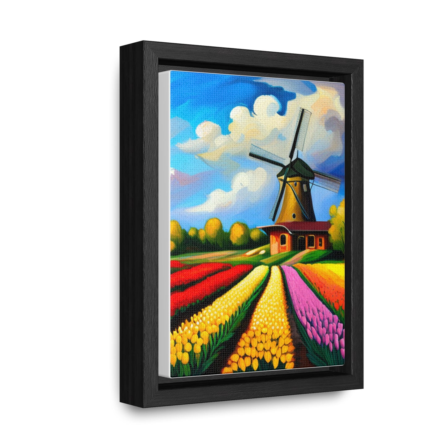 A Dutch windmill with a field of tulips inspired this design on this gallery canvas wrap with vertical frame. Sizes vary.