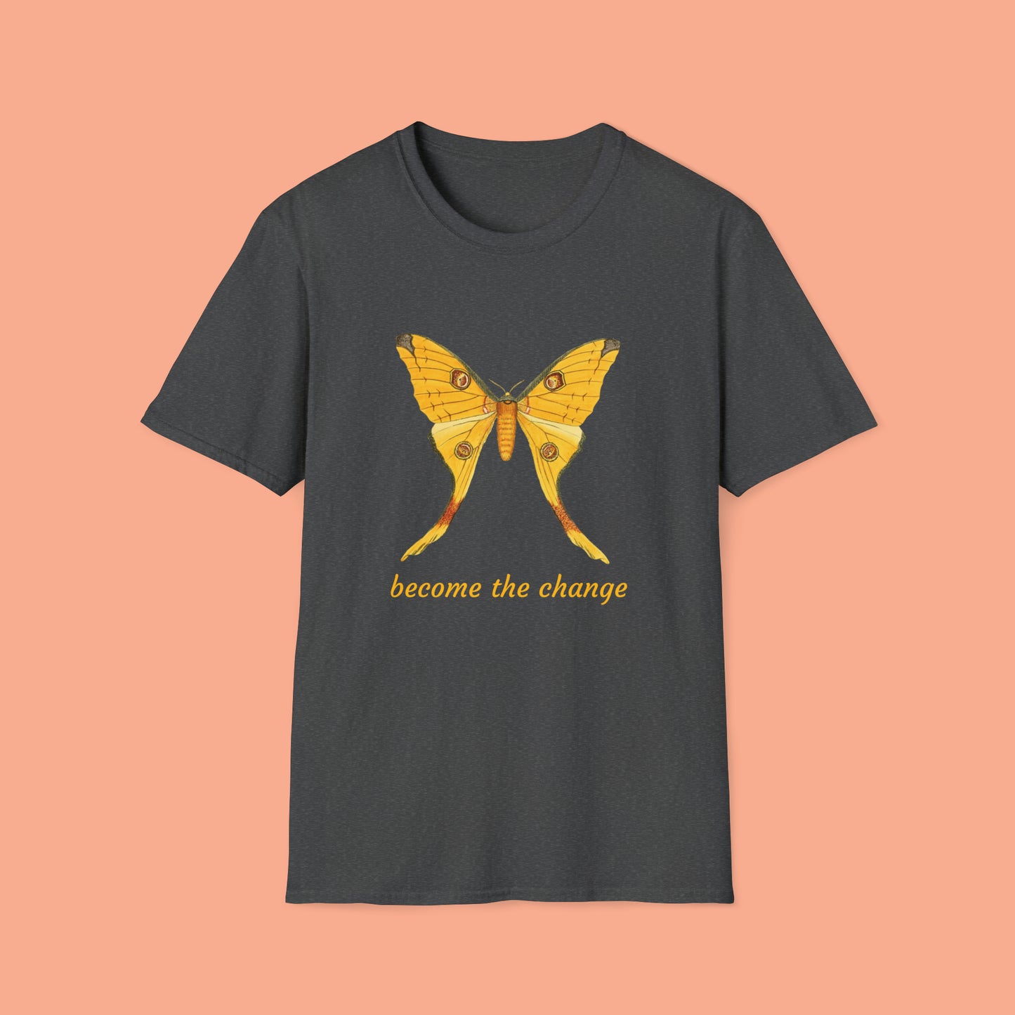 Beautiful butterfly “become the change” Unisex Softstyle T-Shirt design. A great and timeless message on a shirt.