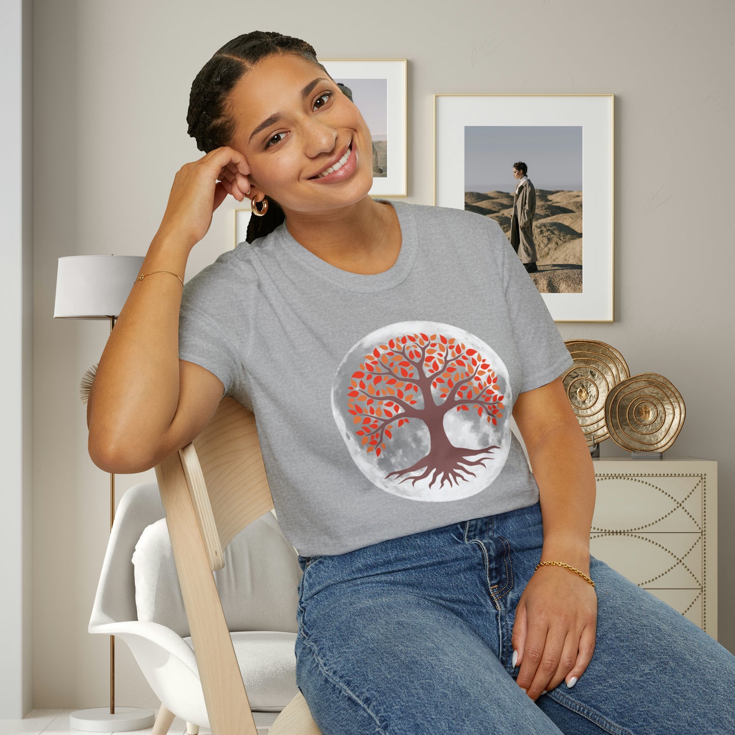 Beautifully strong tree with the moon as its backdrop on this Unisex Softstyle T-Shirt.