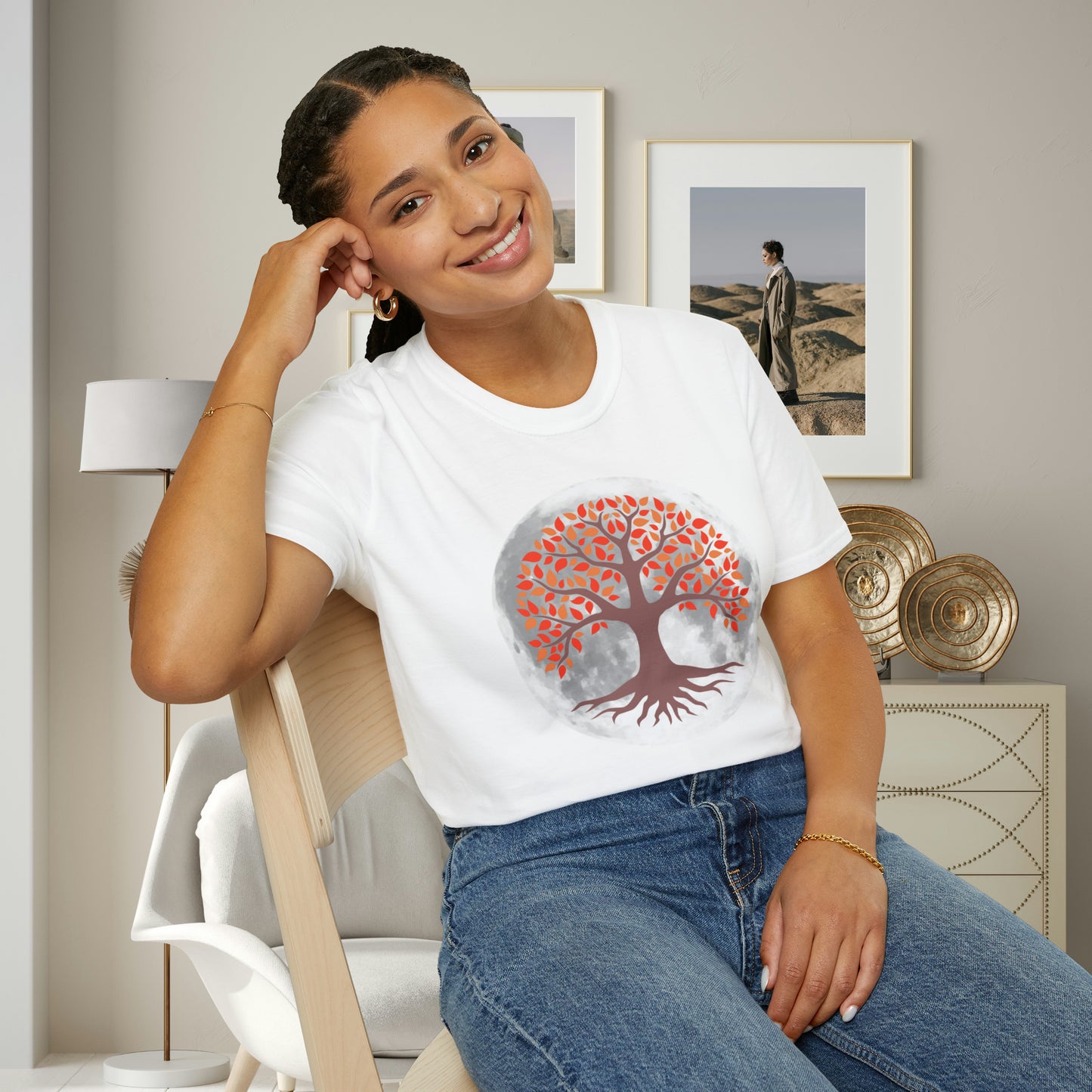 Beautifully strong tree with the moon as its backdrop on this Unisex Softstyle T-Shirt.