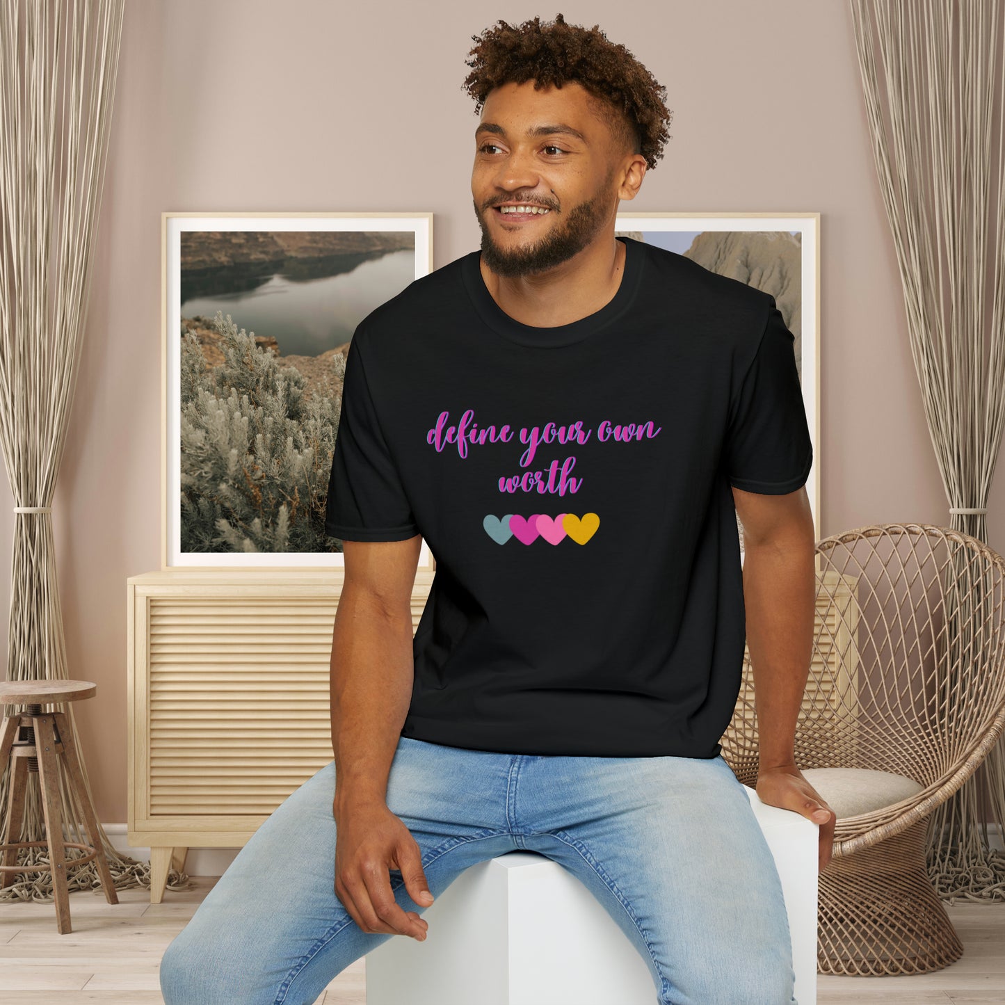 Motivational message to “define your own worth” instead of letting others do it for you on this Unisex Softstyle T-Shirt.