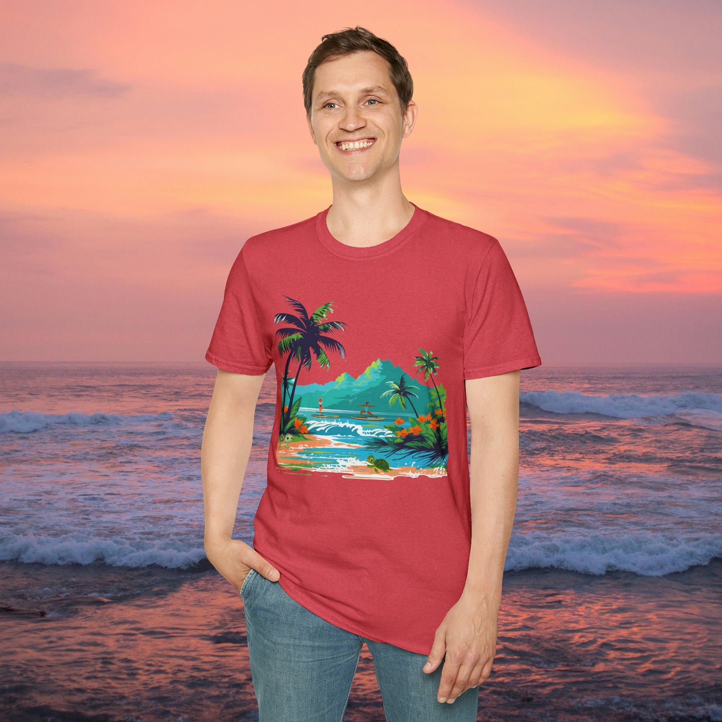 A peaceful paddle board yoga, anyone? With turtles, palm trees and yes the ocean and mountains. Enjoy! A Unisex Softstyle T-Shirt.