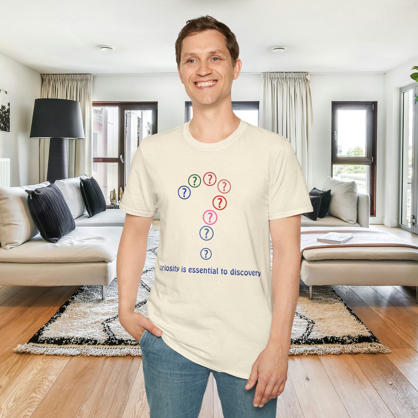 A question mark made of question marks above “curiosity is essential to discovery” message design on this Unisex Softstyle T-Shirt design.