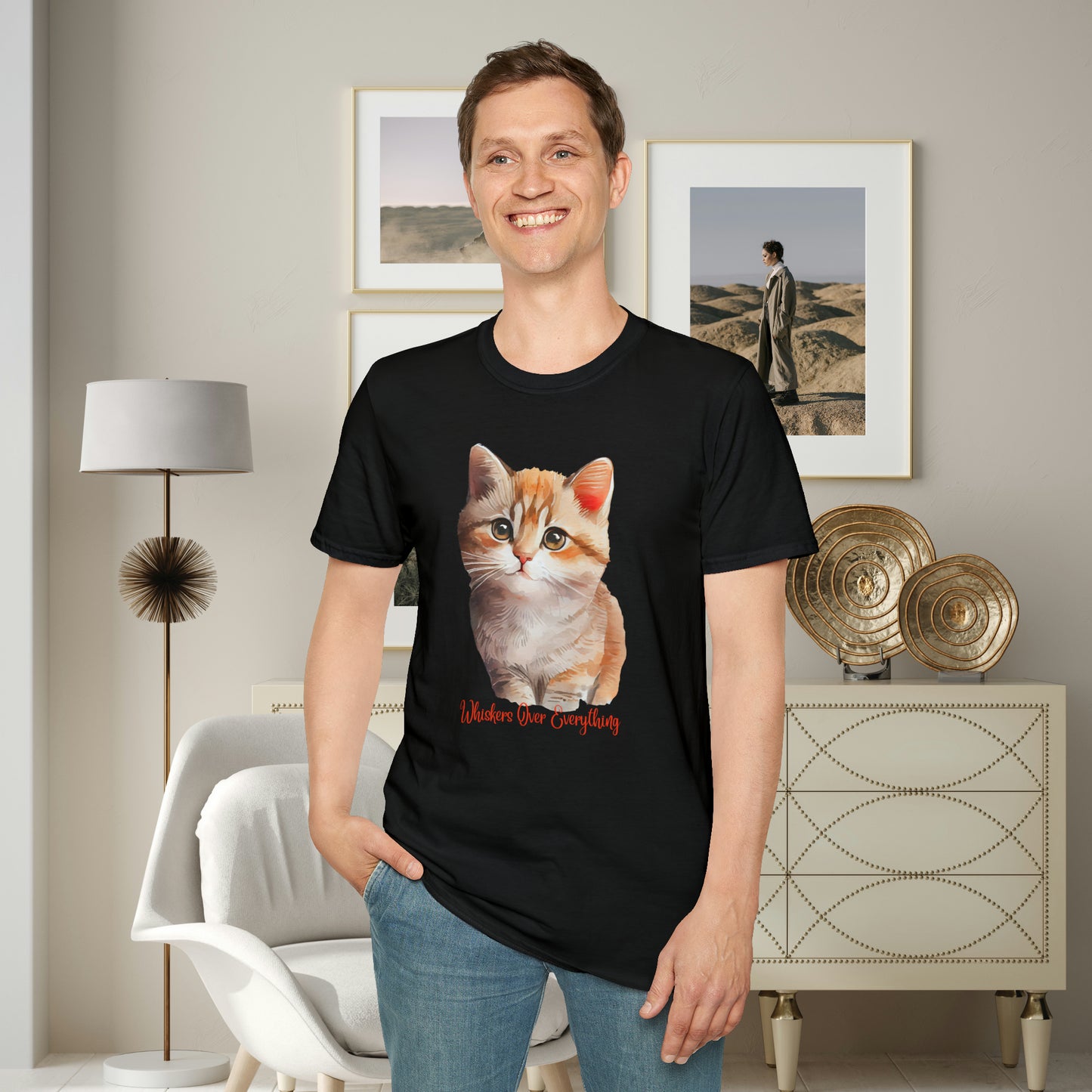 A cute cat with “Whiskers over everything” below it on this Unisex Softstyle T-Shirt. Cat lovers get this.