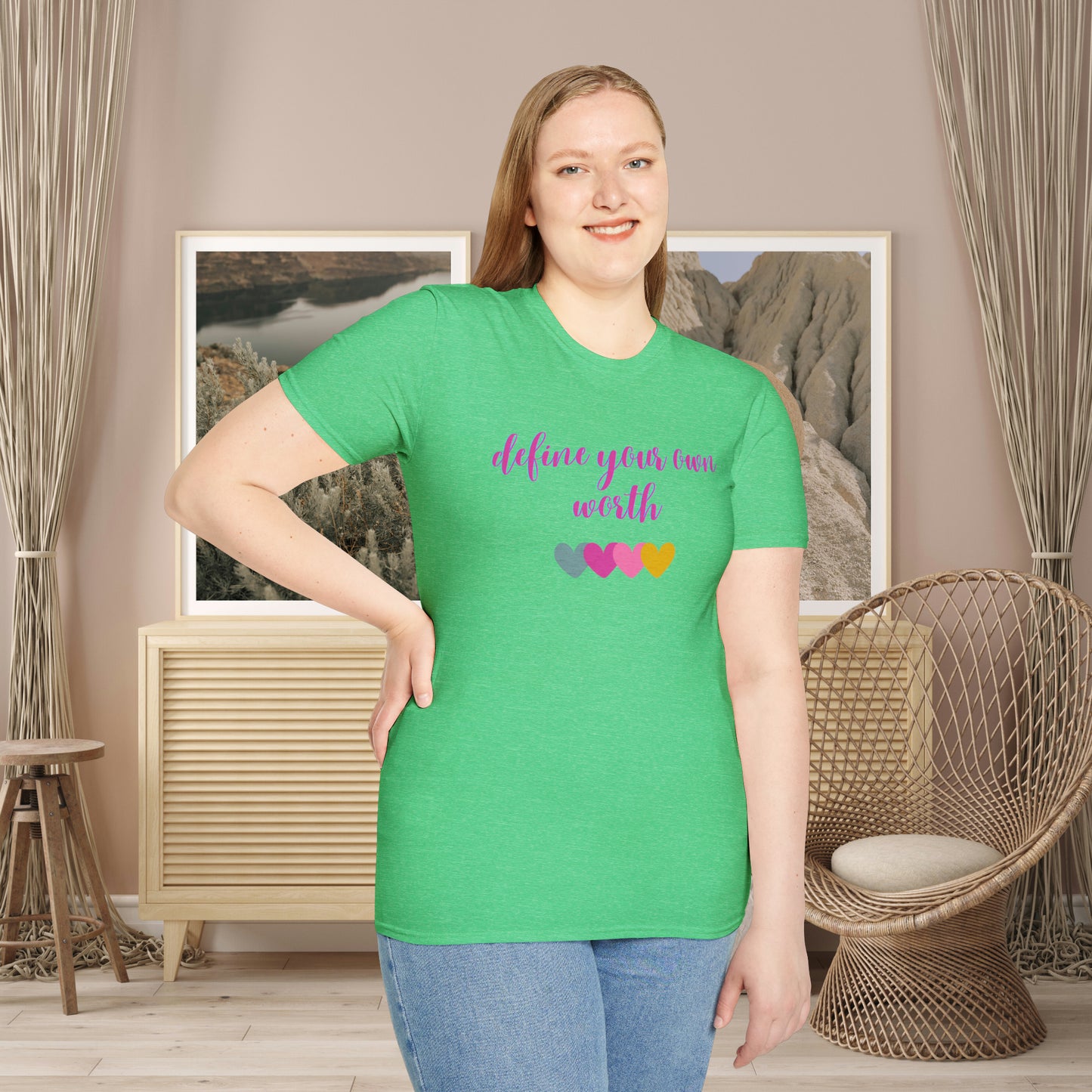 Motivational message to “define your own worth” instead of letting others do it for you on this Unisex Softstyle T-Shirt.