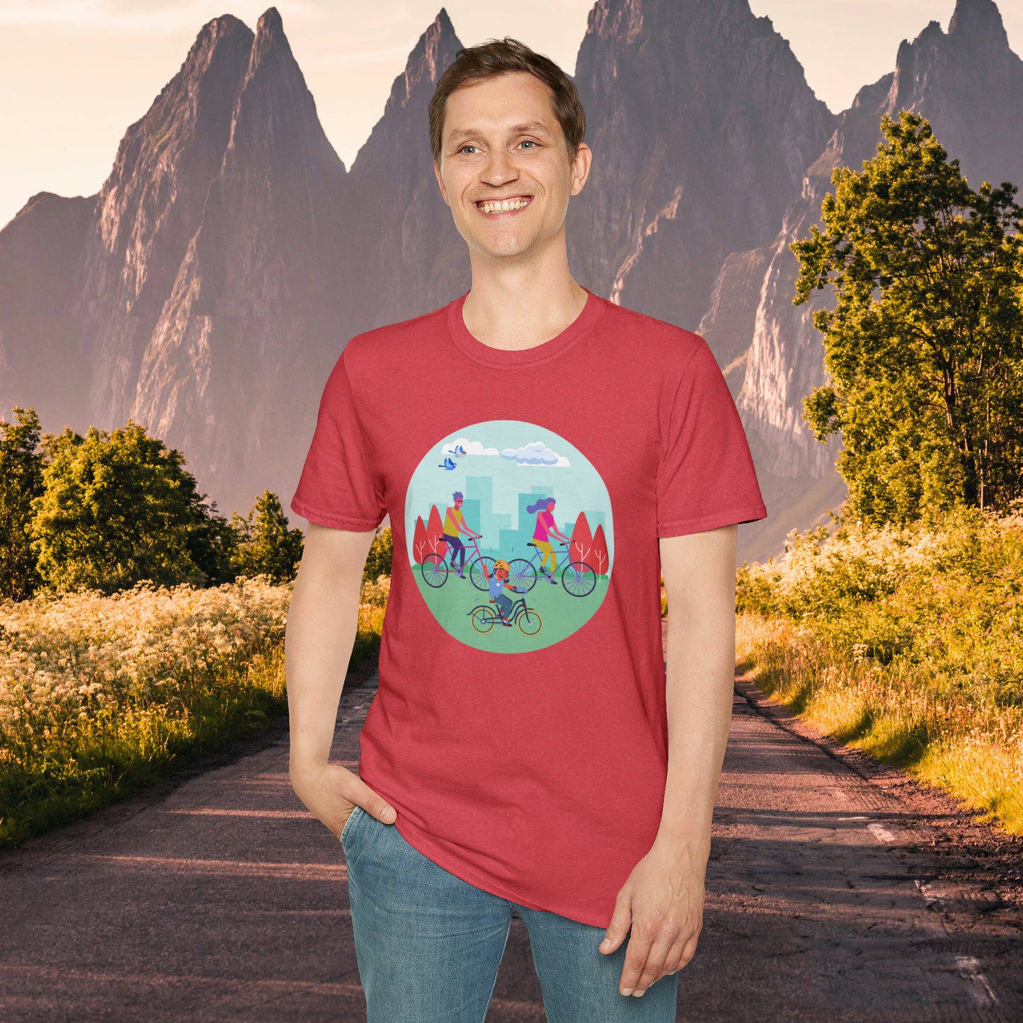 Biking together as a family can be so much fun as shown on this Unisex Softstyle T-Shirt design.