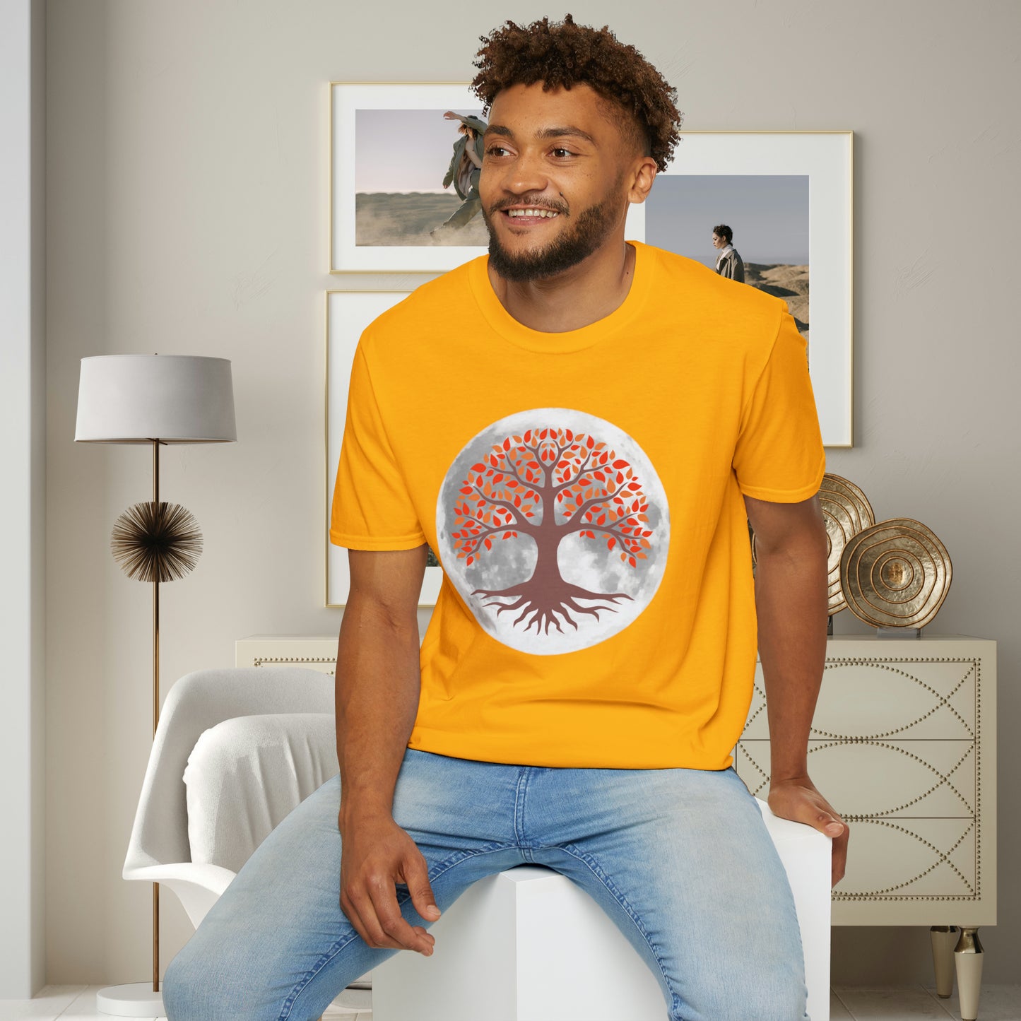 Beautifully strong tree with the moon as its backdrop on this Unisex Softstyle T-Shirt.
