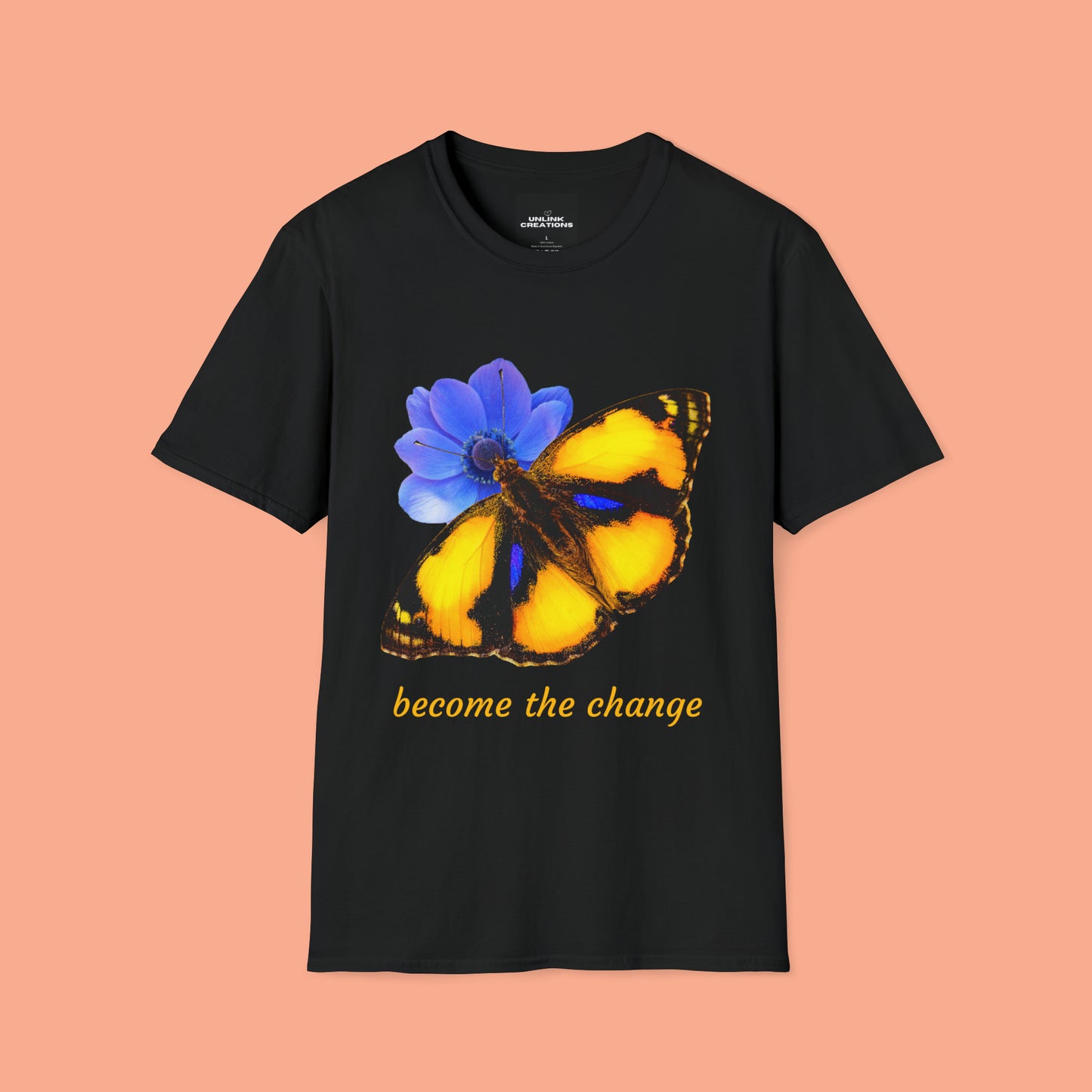 Beautiful “become the change" Unisex Softstyle T-Shirt butterfly design. Great as a gift or get one for yourself.