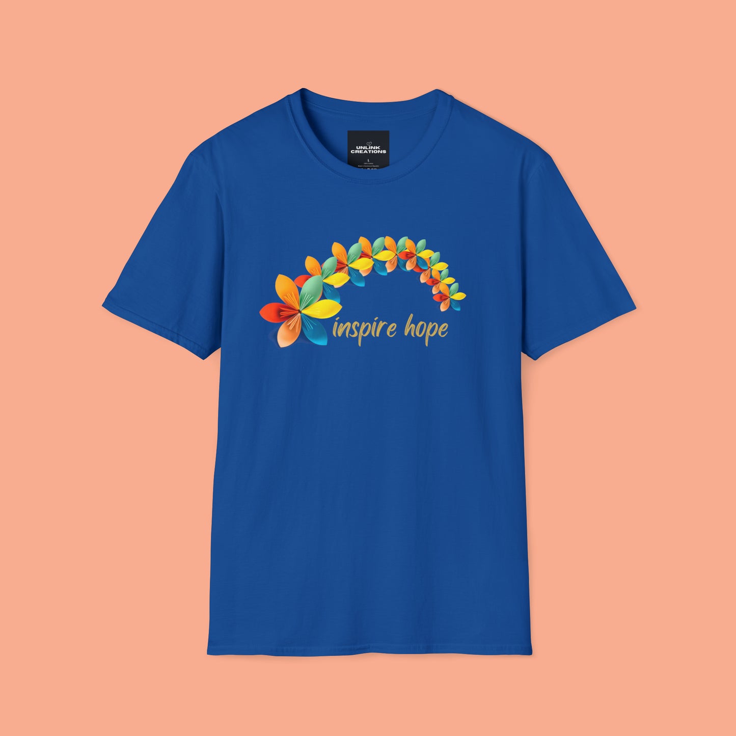 A beautiful origami style flowers in rainbow formation with “inspire hope” below it. We find hope in each other, that is part of our humanity. Be that inspiration, one person at a time. This is a Unisex Softstyle T-Shirt.