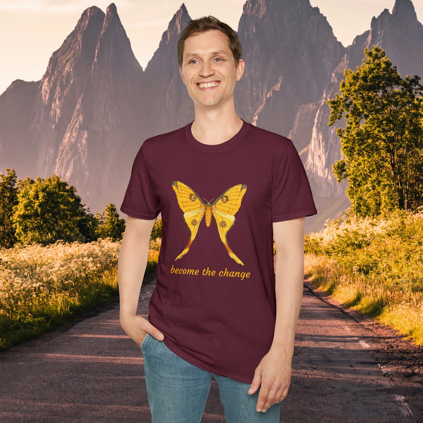 Beautiful butterfly “become the change” Unisex Softstyle T-Shirt design. A great and timeless message on a shirt.