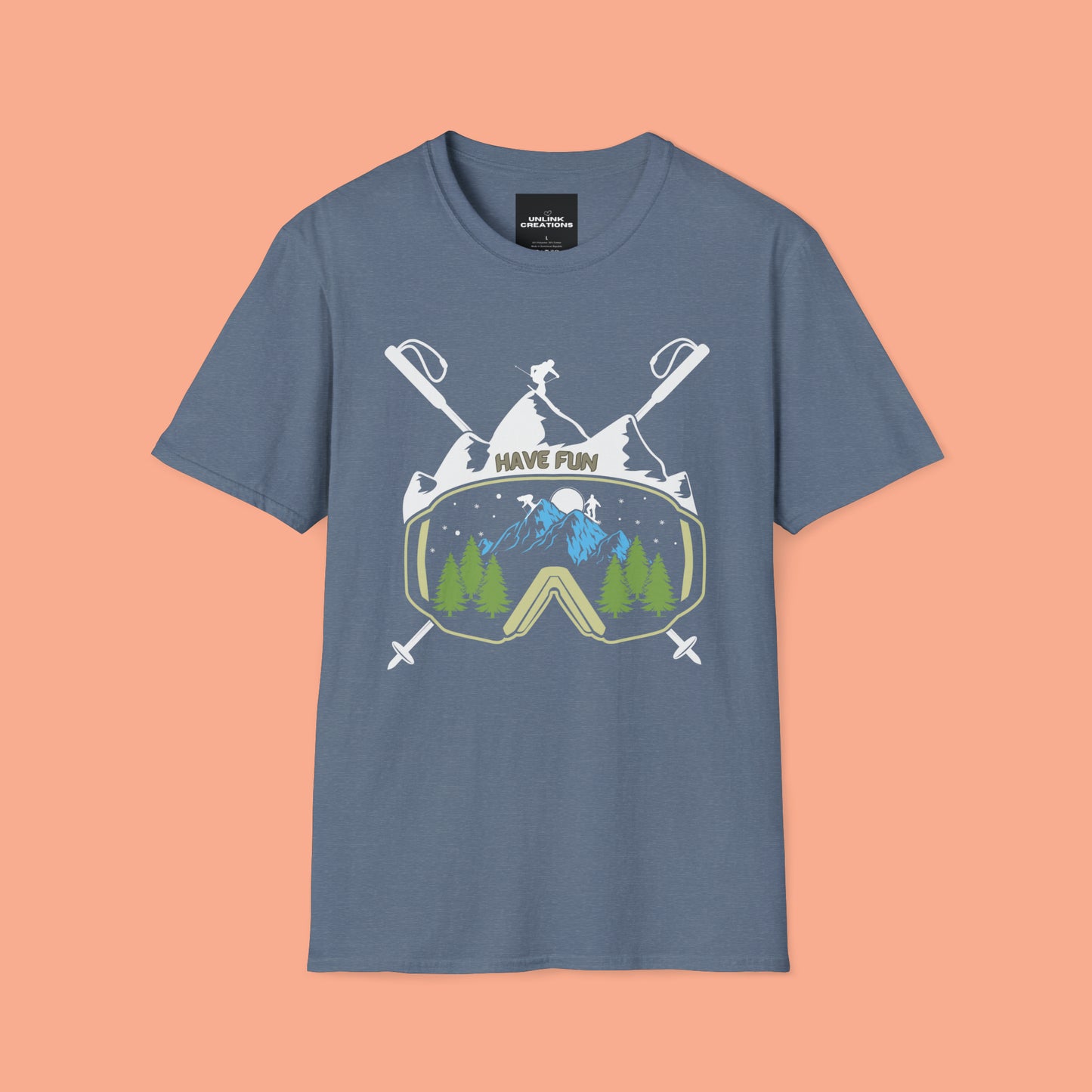 Winter fun! Go ski, snowboard and enjoy all that powder! This is a Unisex Softstyle T-Shirt.