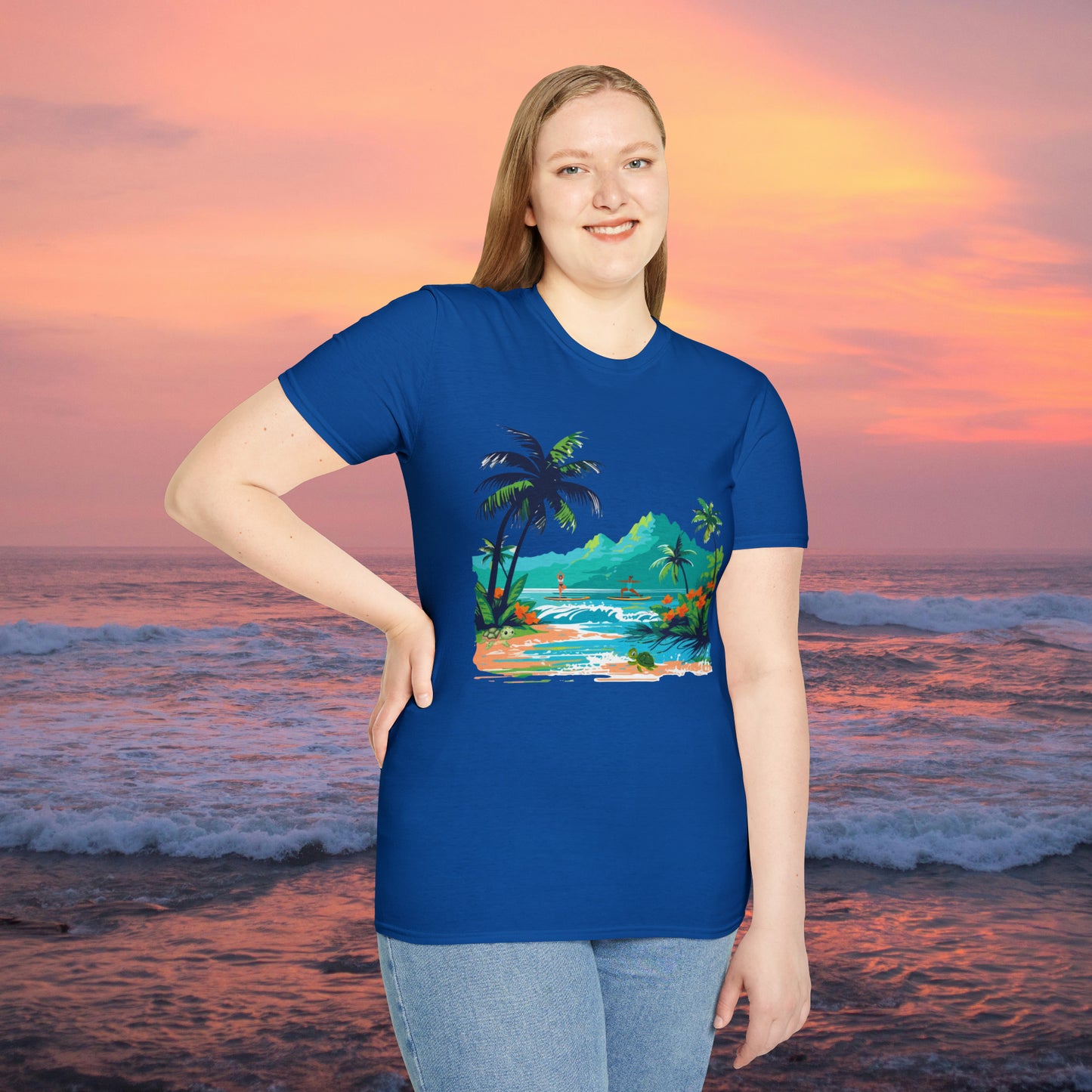 A peaceful paddle board yoga, anyone? With turtles, palm trees and yes the ocean and mountains. Enjoy! A Unisex Softstyle T-Shirt.
