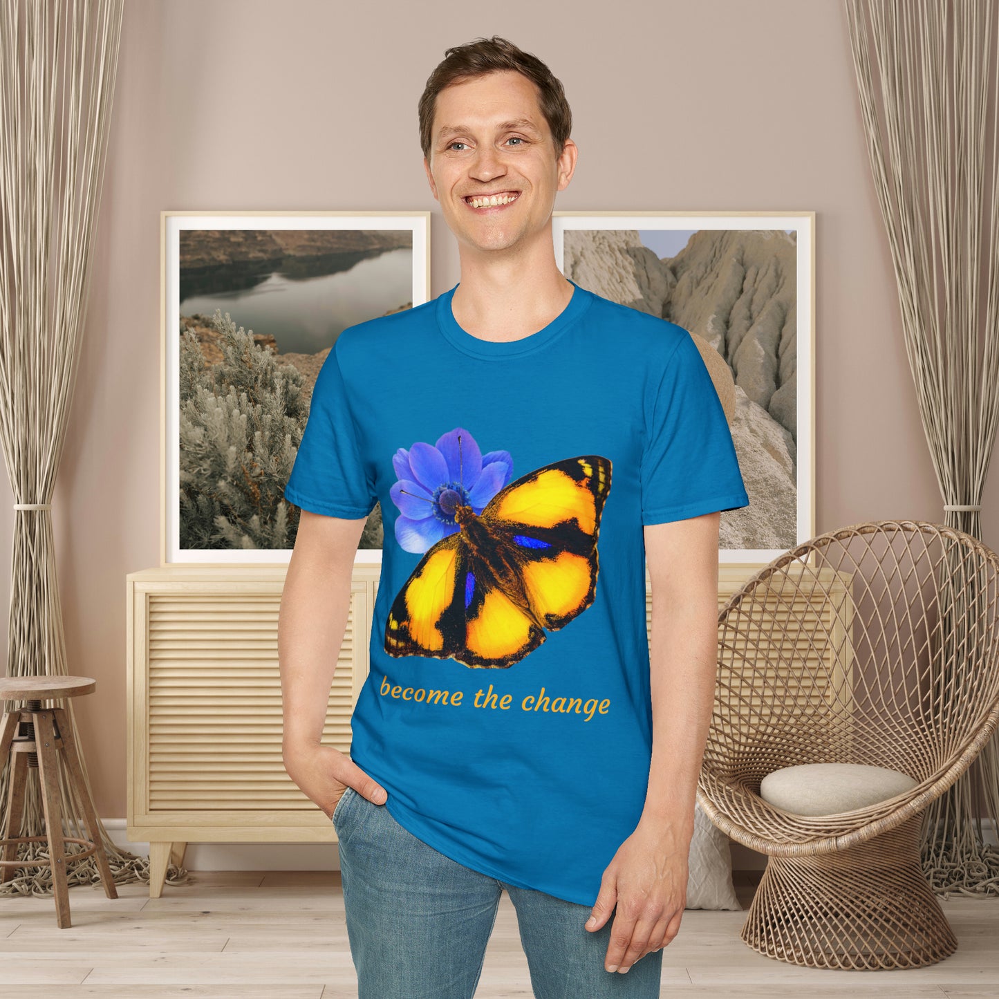 Beautiful “become the change" Unisex Softstyle T-Shirt butterfly design. Great as a gift or get one for yourself.