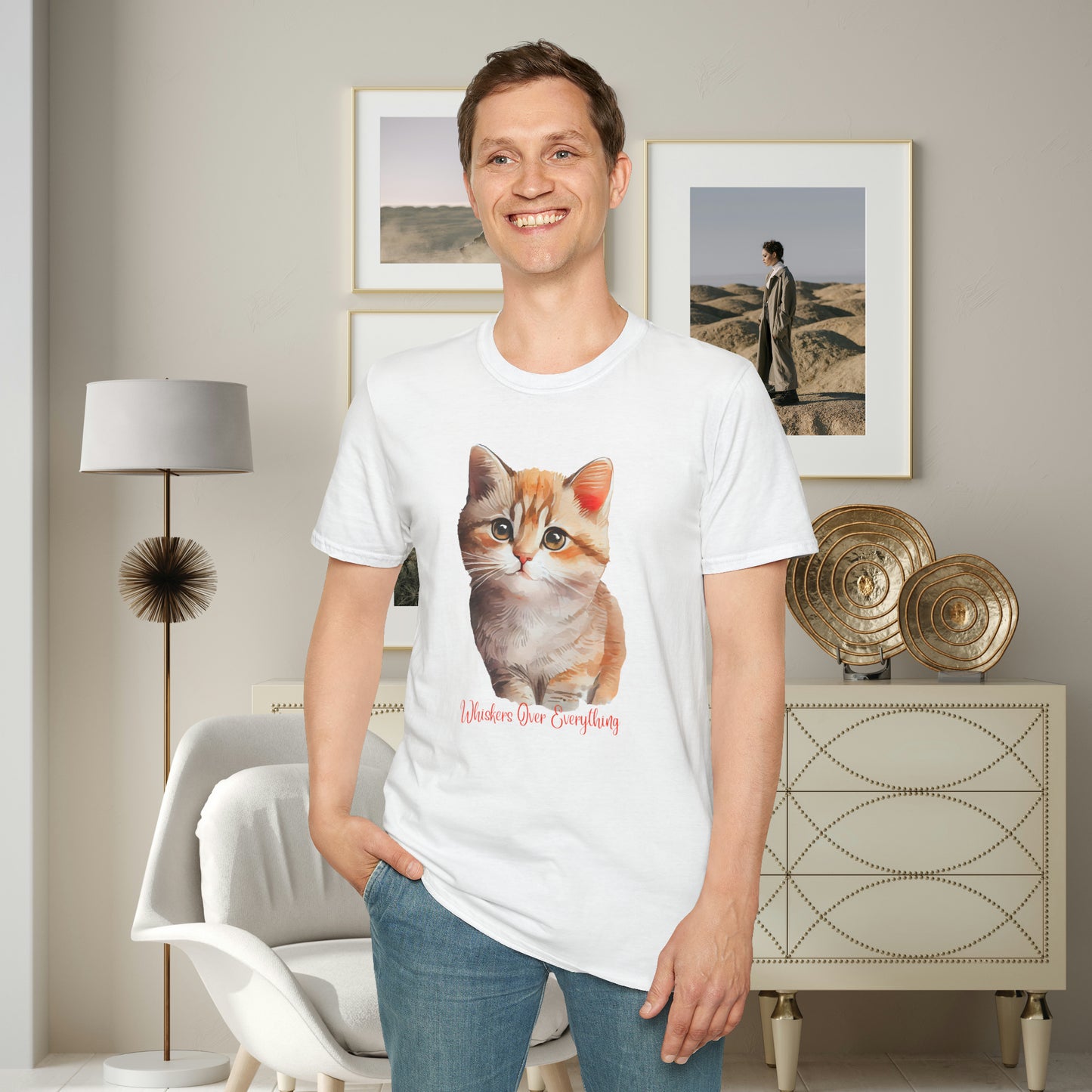 A cute cat with “Whiskers over everything” below it on this Unisex Softstyle T-Shirt. Cat lovers get this.