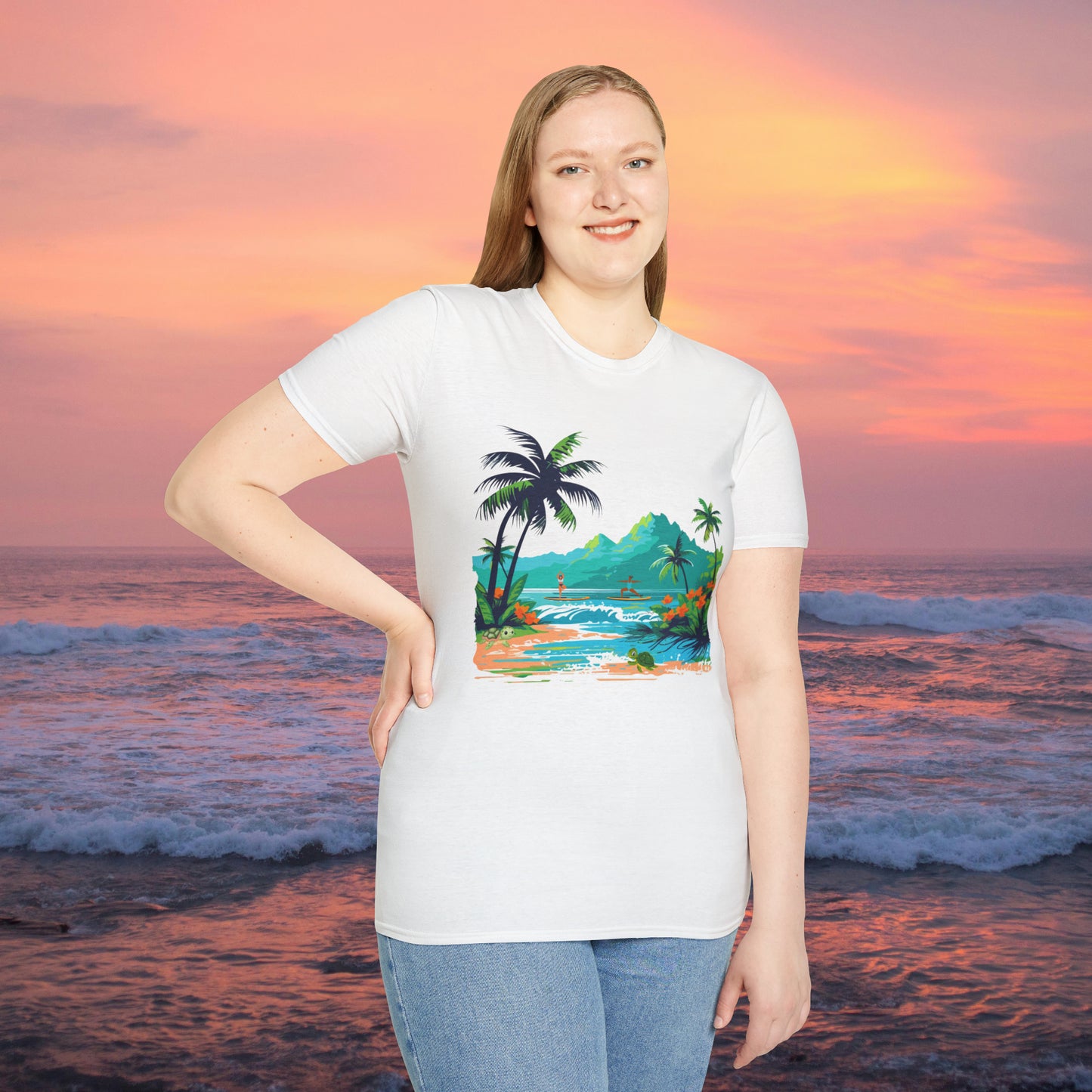 A peaceful paddle board yoga, anyone? With turtles, palm trees and yes the ocean and mountains. Enjoy! A Unisex Softstyle T-Shirt.