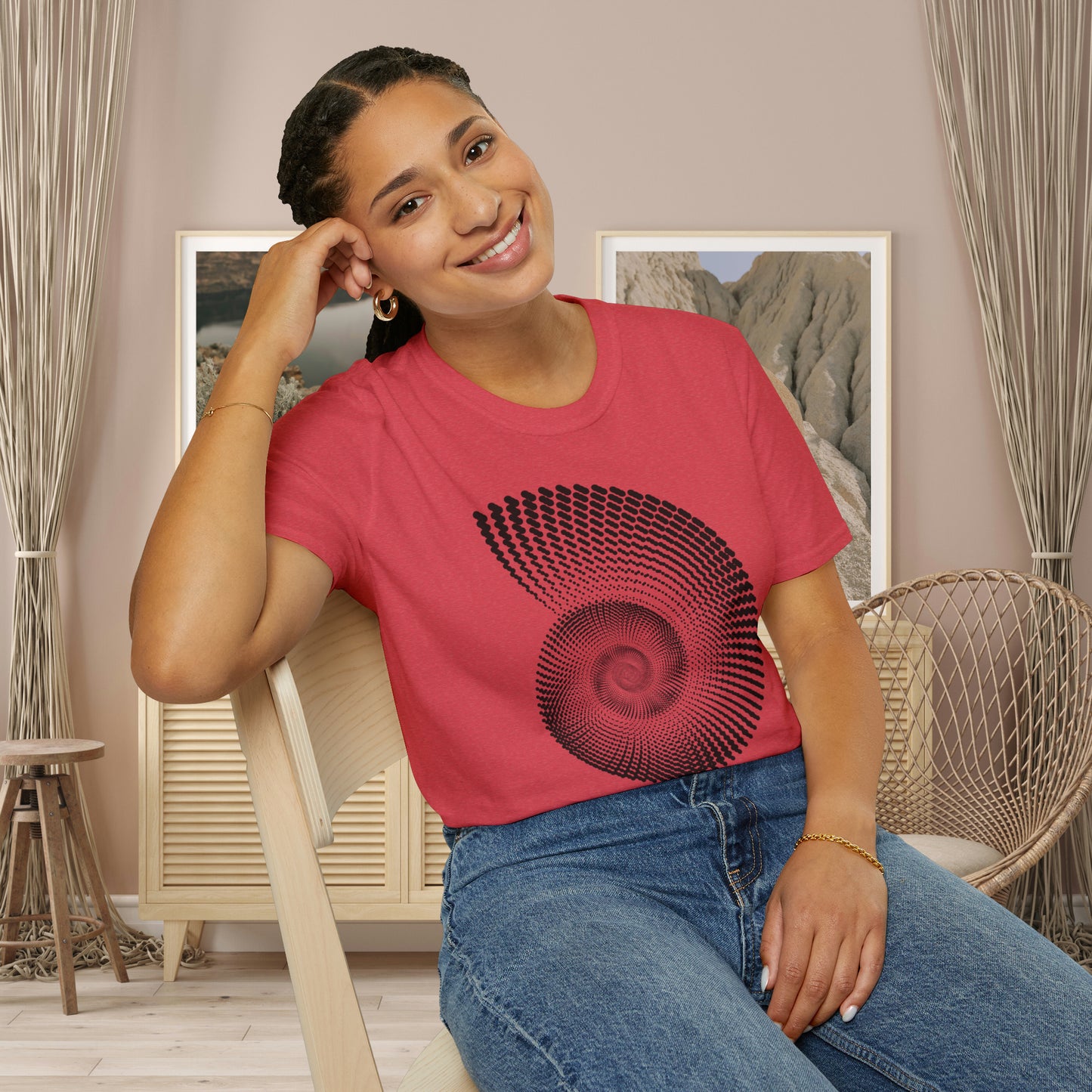 Black nautilus and shell inspired design to celebrate the beauty in nature on this Unisex Softstyle T-Shirt.