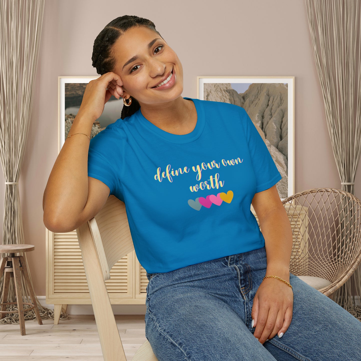 Motivational message to “define your own worth” instead of letting others do it for you on this Unisex Softstyle T-Shirt.