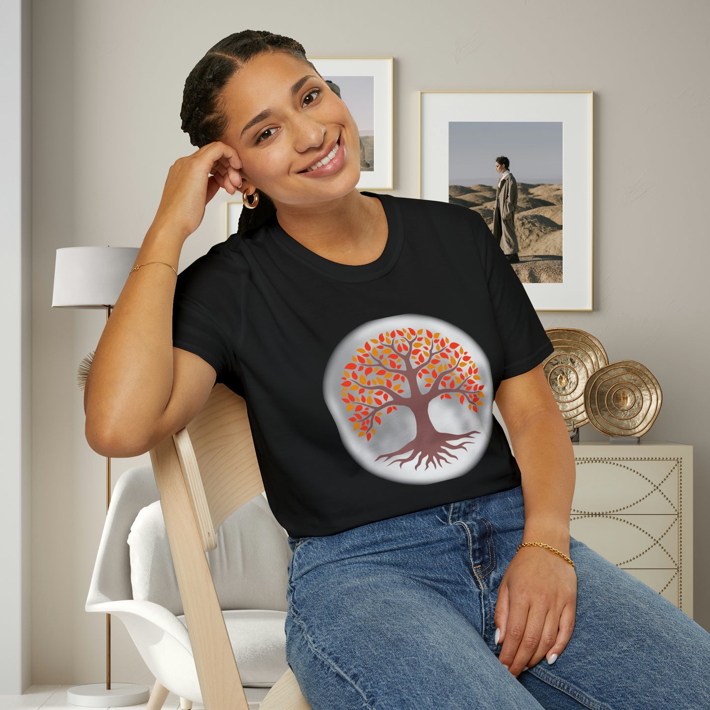 Beautifully strong tree with the moon as its backdrop on this Unisex Softstyle T-Shirt.