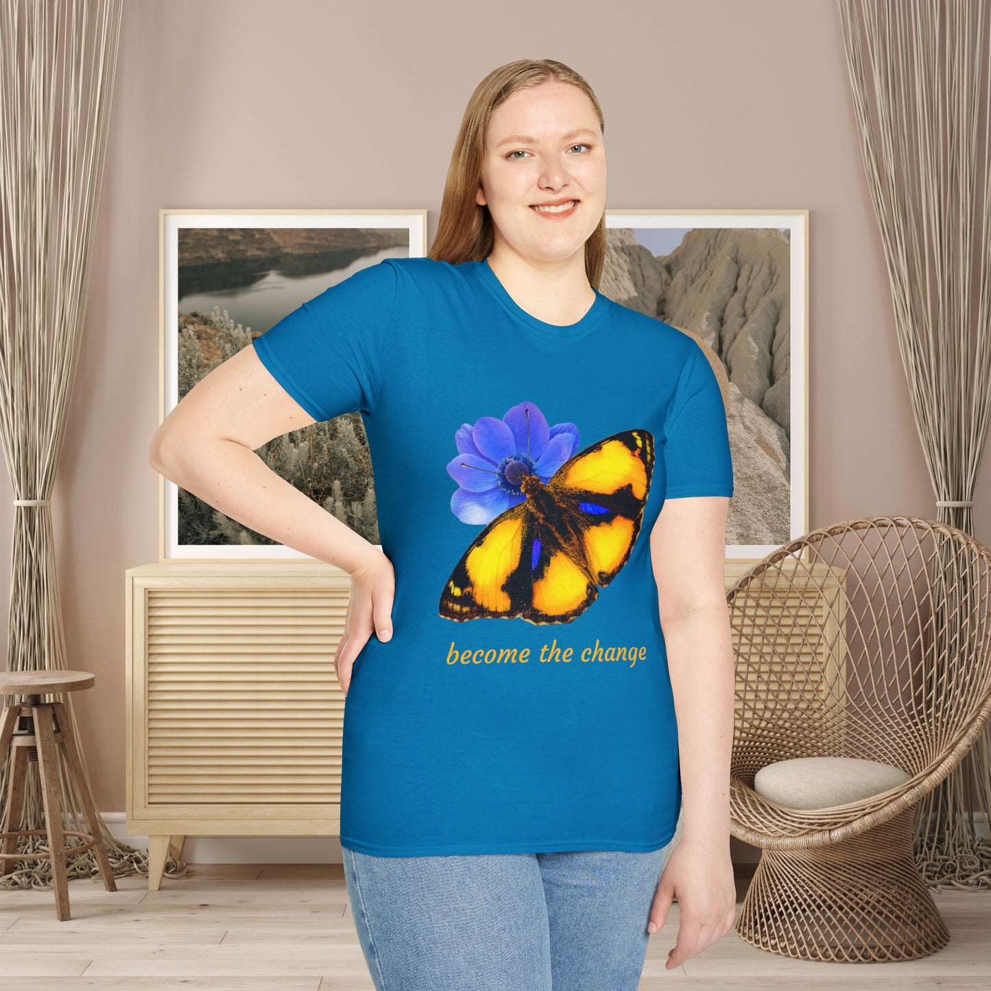 Beautiful “become the change" Unisex Softstyle T-Shirt butterfly design. Great as a gift or get one for yourself.