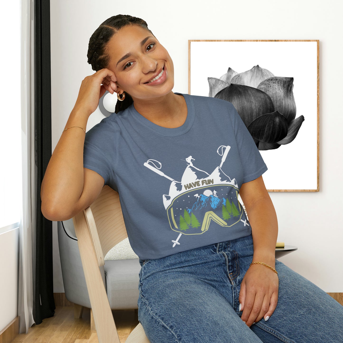 Winter fun! Go ski, snowboard and enjoy all that powder! This is a Unisex Softstyle T-Shirt.