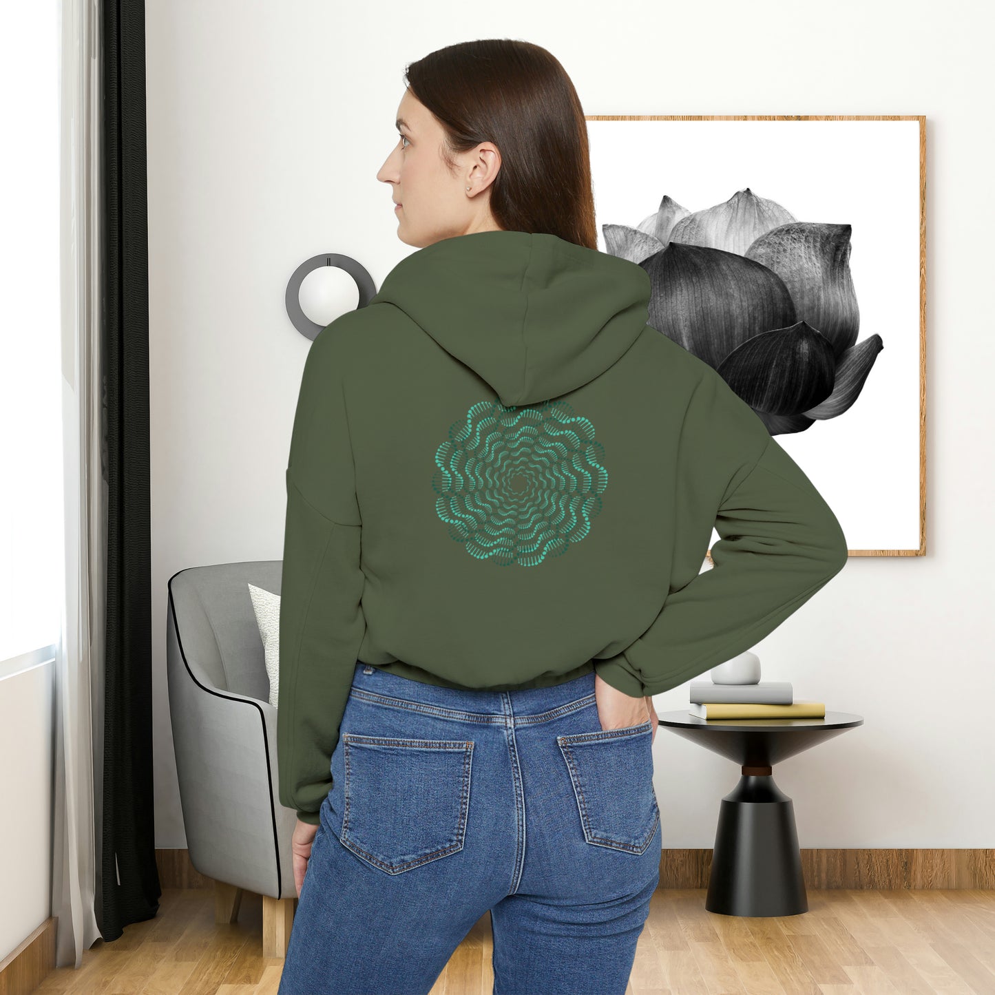 Mesmerizing abstract design on the front and back of this Women's Cinched Bottom Hoodie.