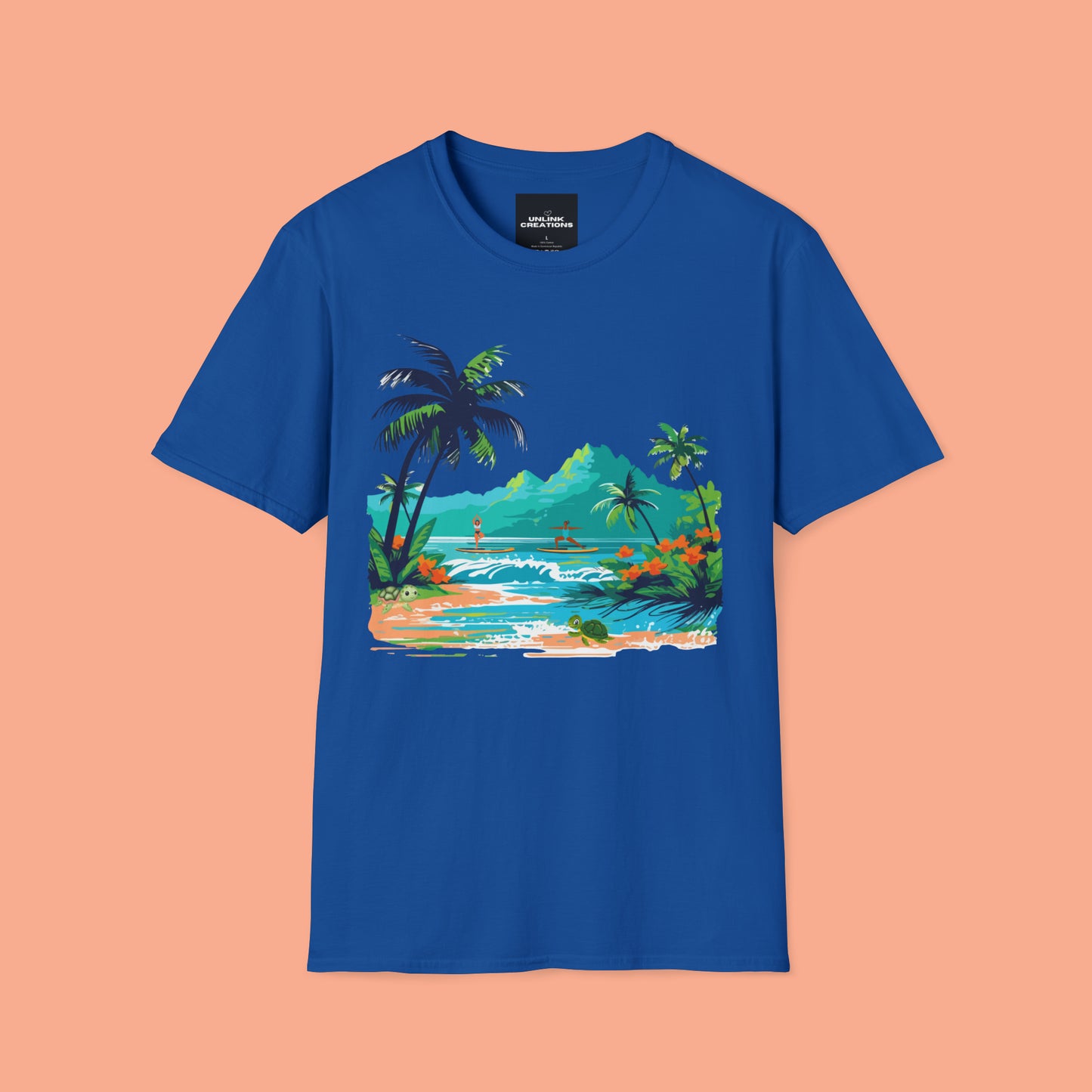A peaceful paddle board yoga, anyone? With turtles, palm trees and yes the ocean and mountains. Enjoy! A Unisex Softstyle T-Shirt.