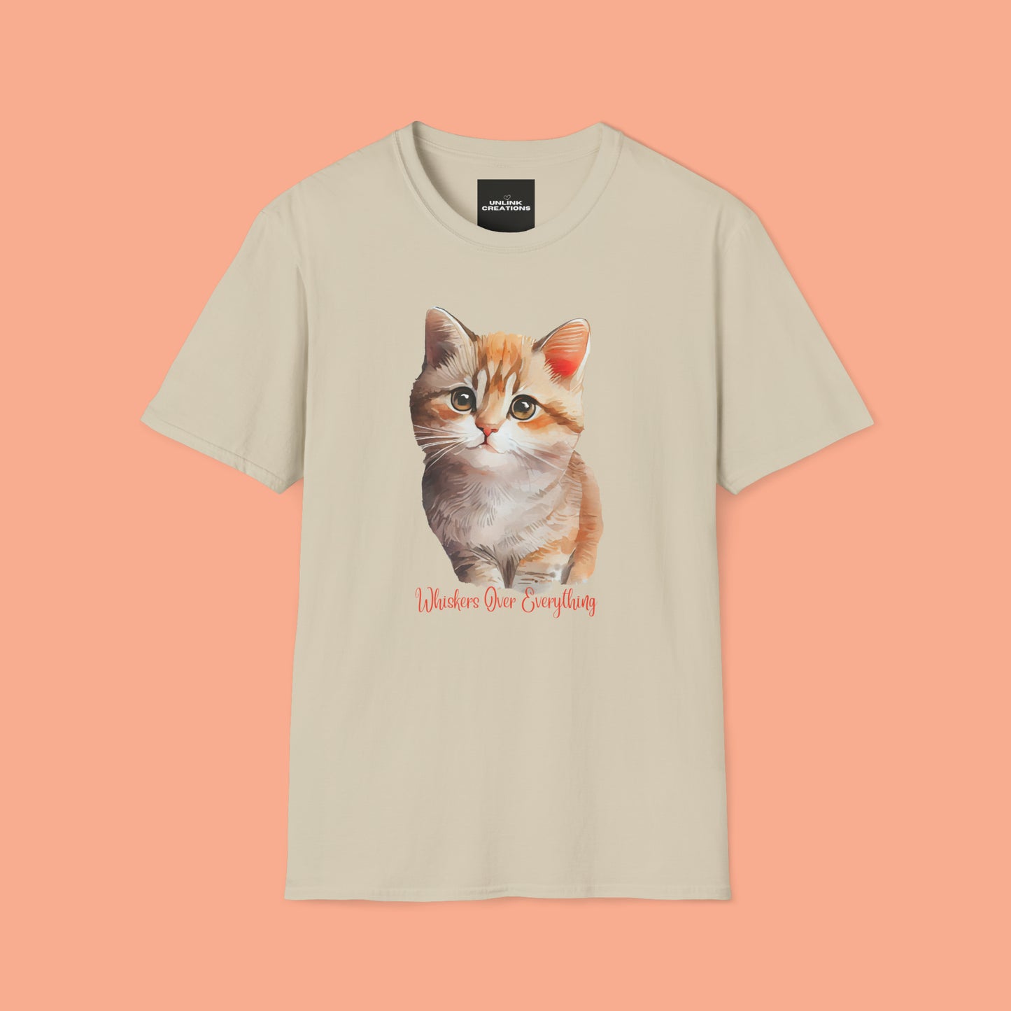 A cute cat with “Whiskers over everything” below it on this Unisex Softstyle T-Shirt. Cat lovers get this.