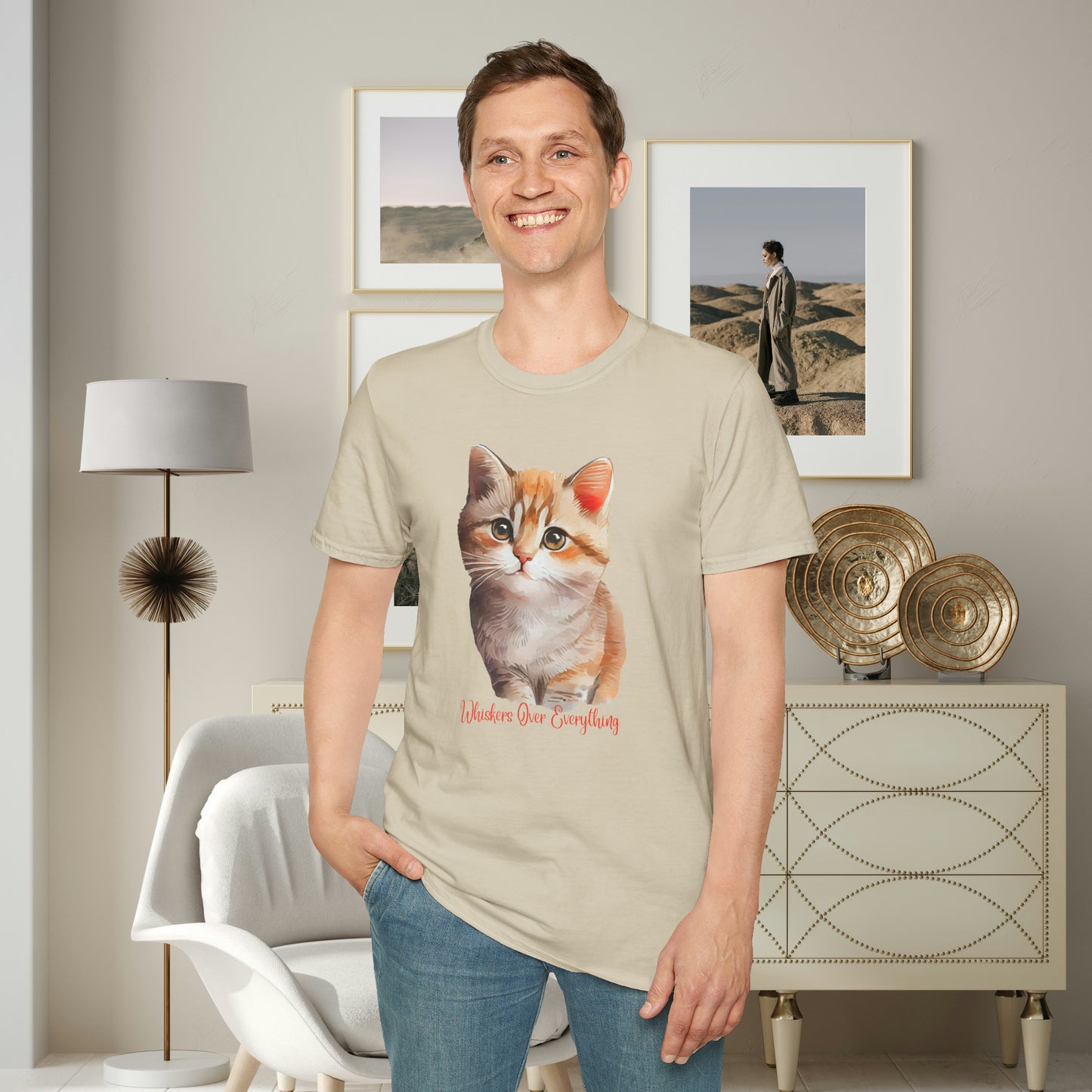 A cute cat with “Whiskers over everything” below it on this Unisex Softstyle T-Shirt. Cat lovers get this.