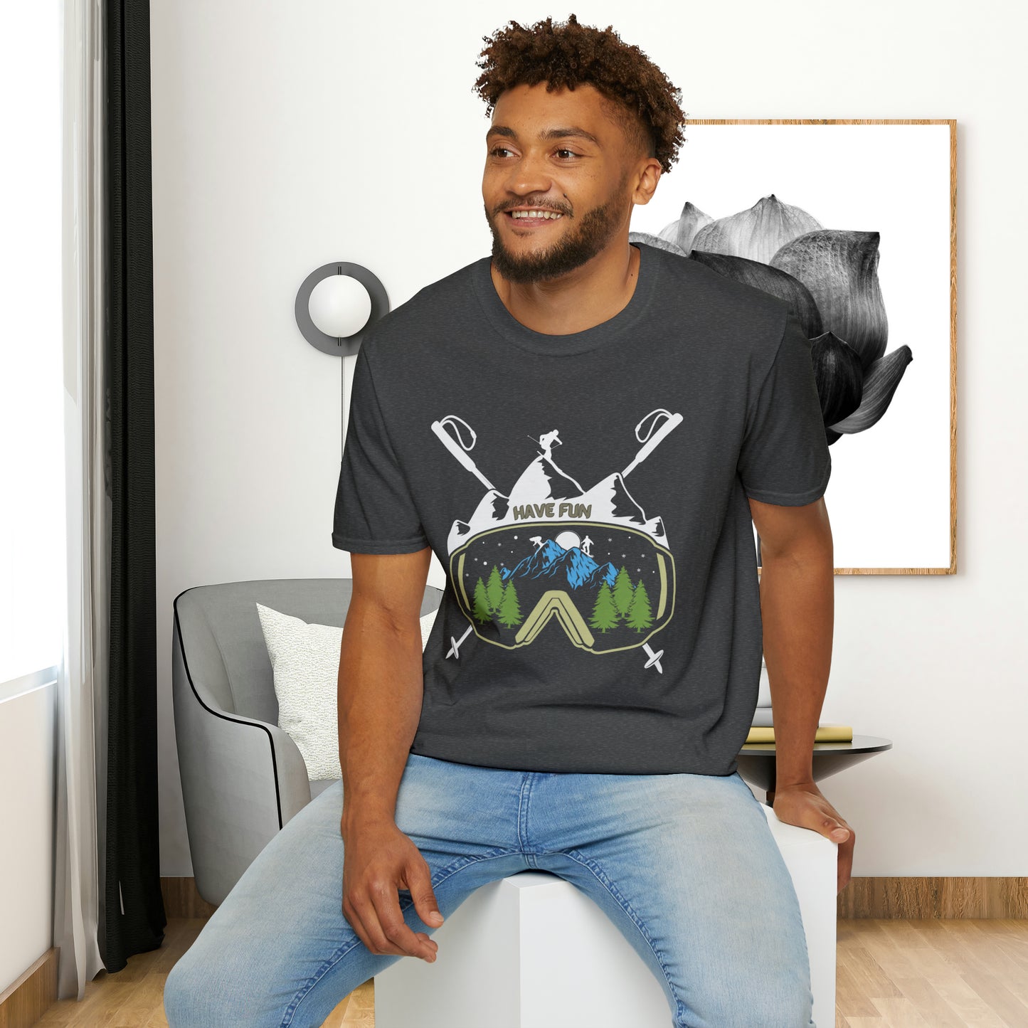 Winter fun! Go ski, snowboard and enjoy all that powder! This is a Unisex Softstyle T-Shirt.