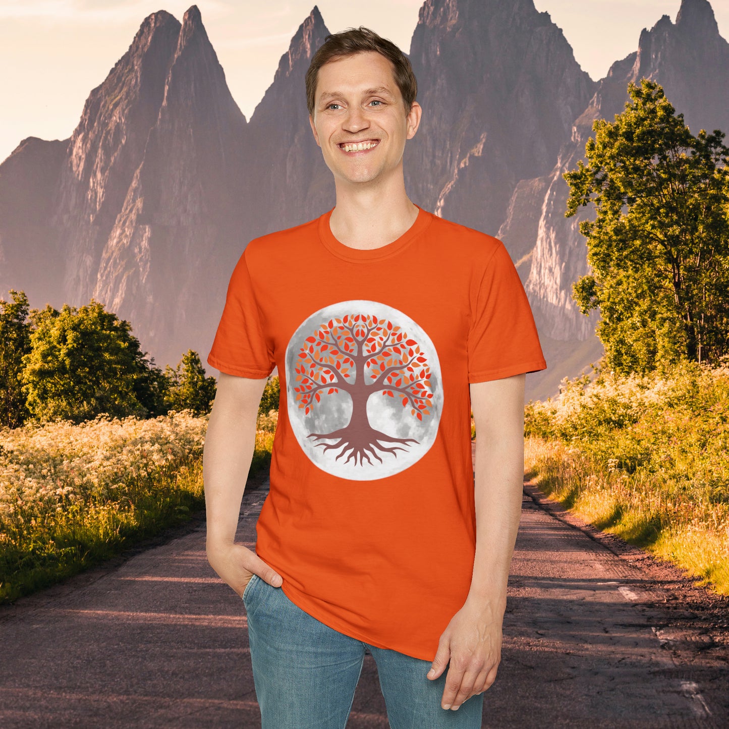 Beautifully strong tree with the moon as its backdrop on this Unisex Softstyle T-Shirt.