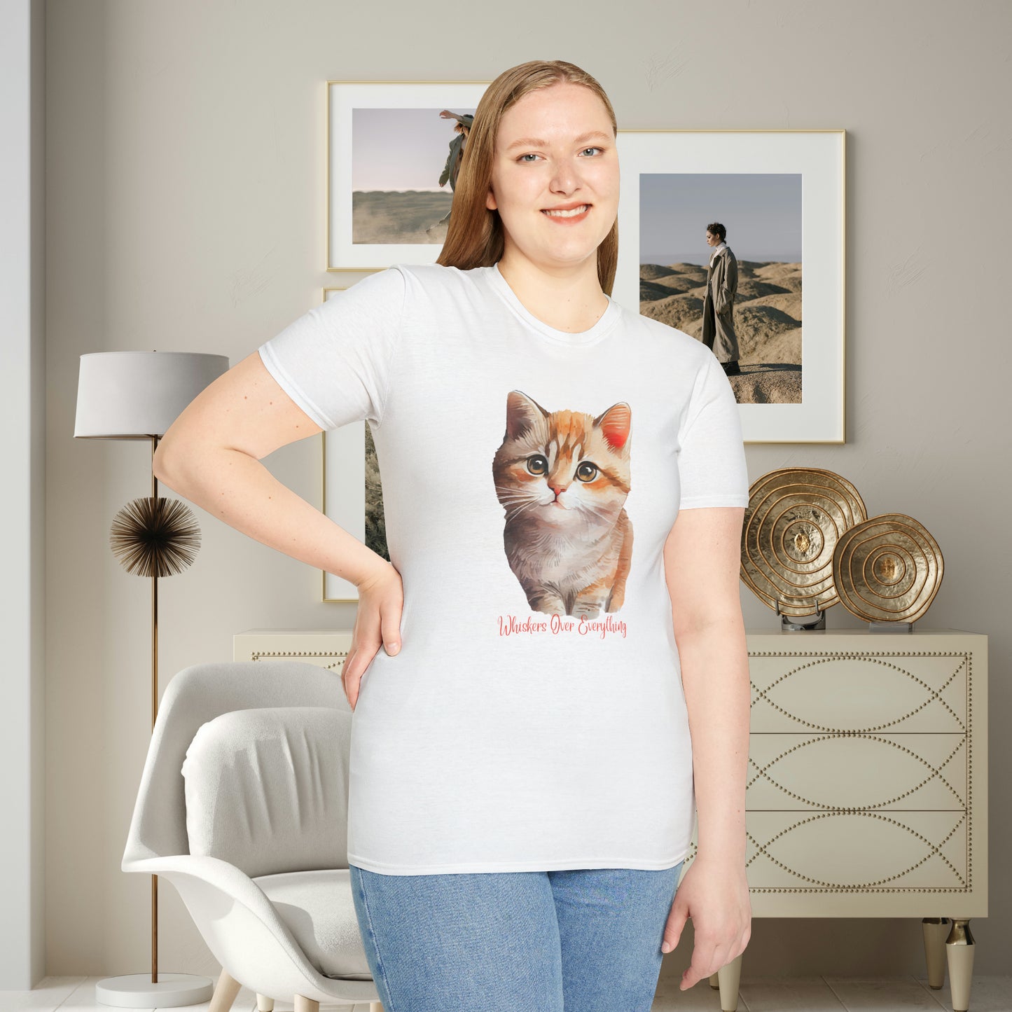 A cute cat with “Whiskers over everything” below it on this Unisex Softstyle T-Shirt. Cat lovers get this.