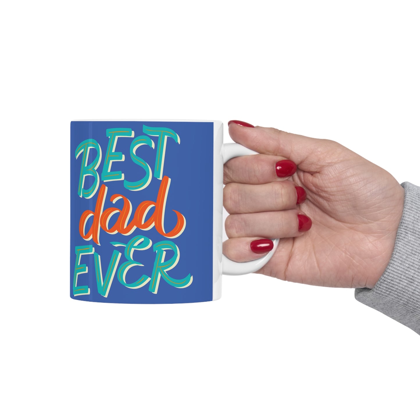 “BEST DAD EVER” on one side and dad reading to his baby. Part of several mugs to choose from depending on what resonates with you.