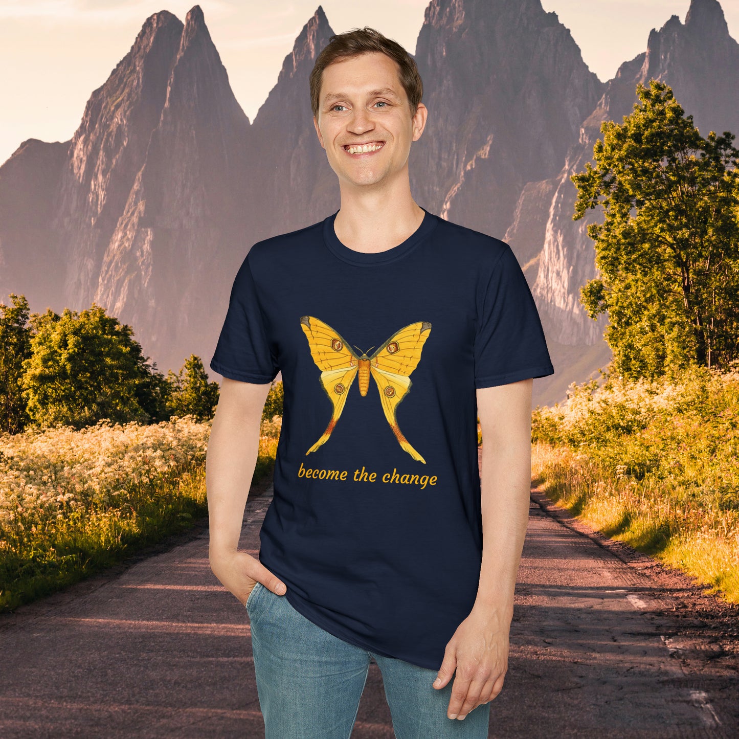 Beautiful butterfly “become the change” Unisex Softstyle T-Shirt design. A great and timeless message on a shirt.