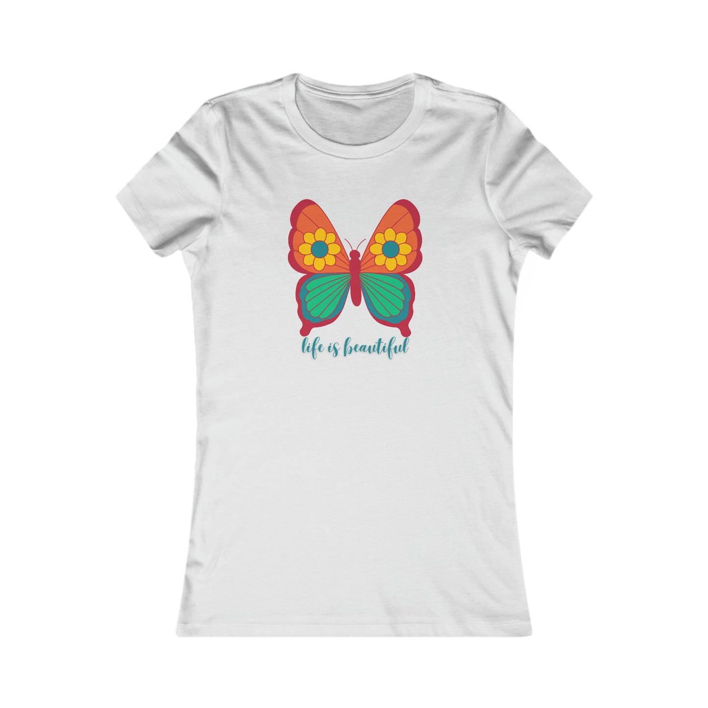 Colorful butterfly above a message of “life is beautiful” in the center of this Women's Favorite Tee design. Slim fit so please check the size table.