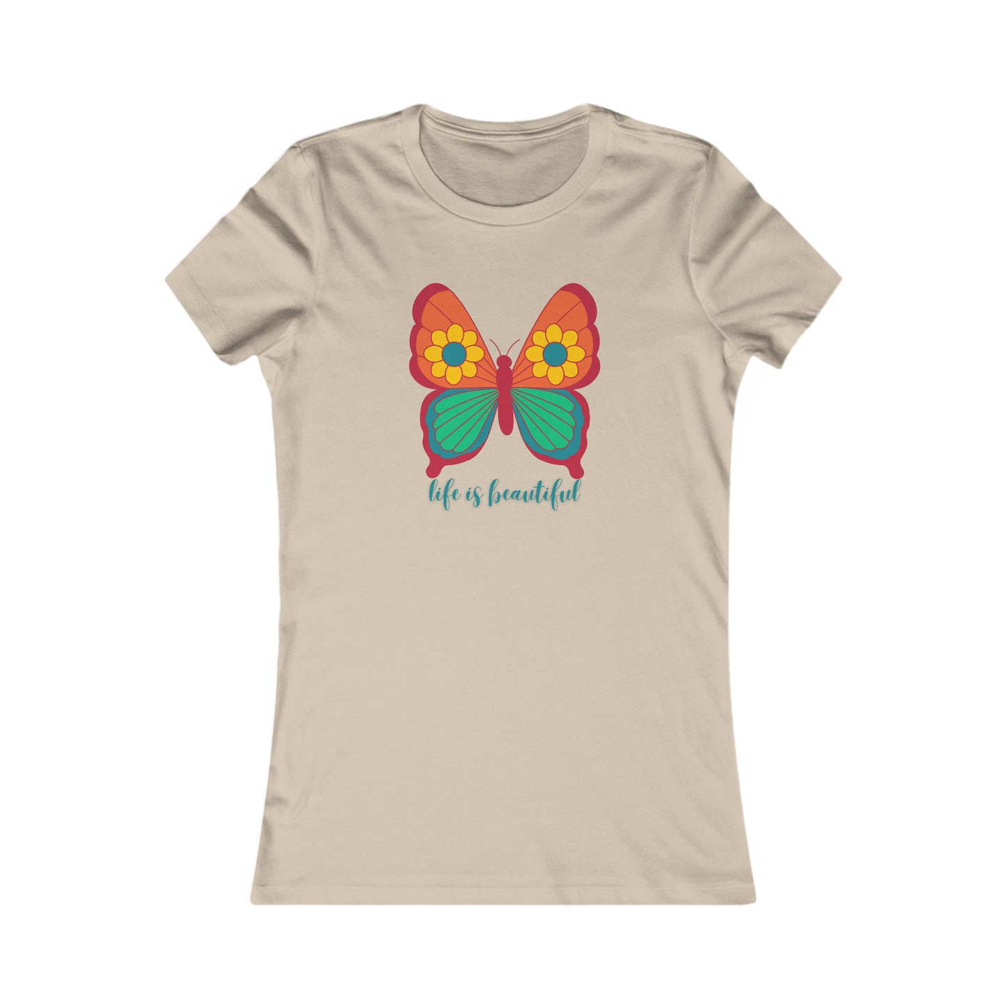 Colorful butterfly above a message of “life is beautiful” in the center of this Women's Favorite Tee design. Slim fit so please check the size table.