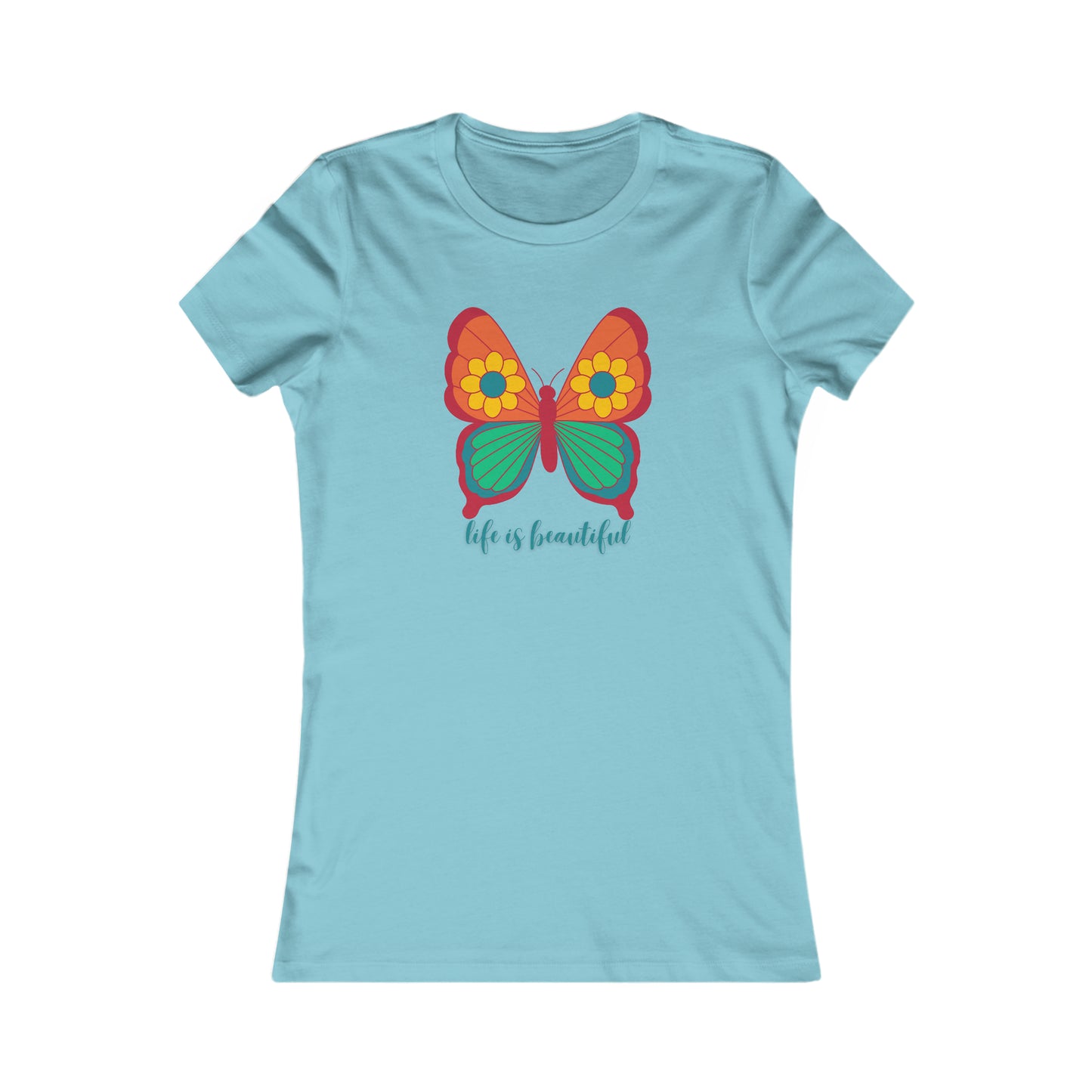 Colorful butterfly above a message of “life is beautiful” in the center of this Women's Favorite Tee design. Slim fit so please check the size table.