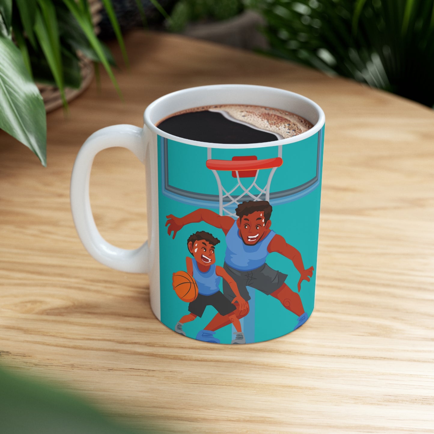 “BEST DAD EVER” on one side and dad happily playing basketball with his son. Part of several mugs to choose from depending on what resonates with you.