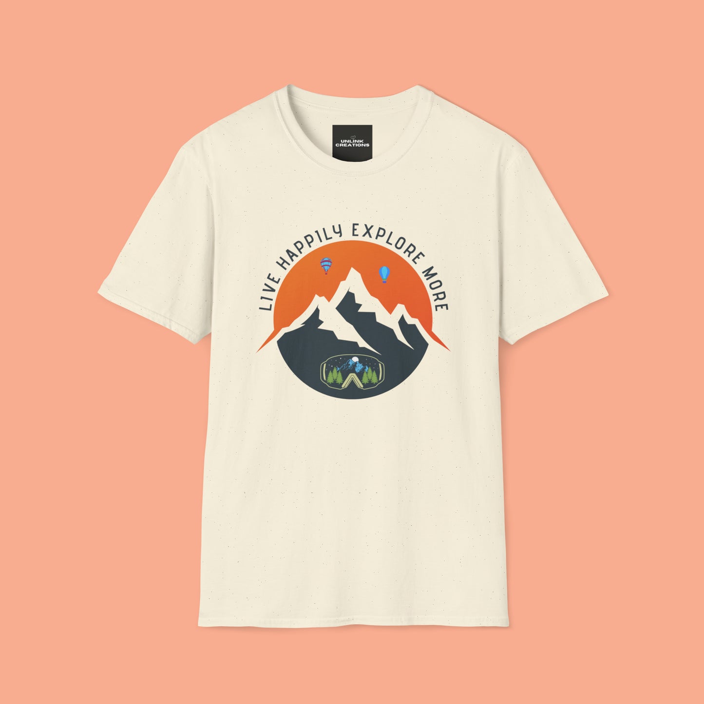 “LIVE HAPPILY EXPLORE MORE” message on this mountain sports inspired Unisex Softstyle T-Shirt.