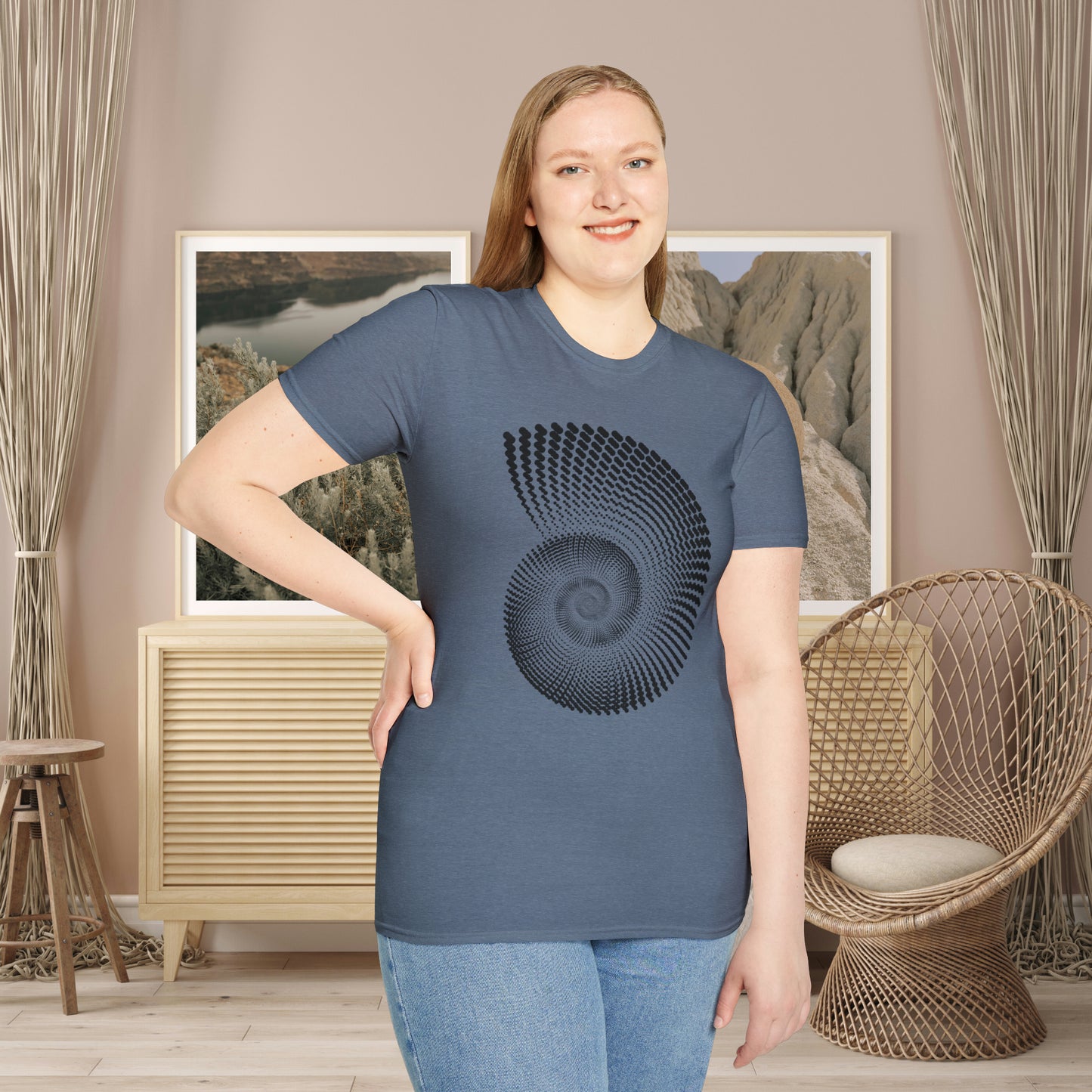 Black nautilus and shell inspired design to celebrate the beauty in nature on this Unisex Softstyle T-Shirt.
