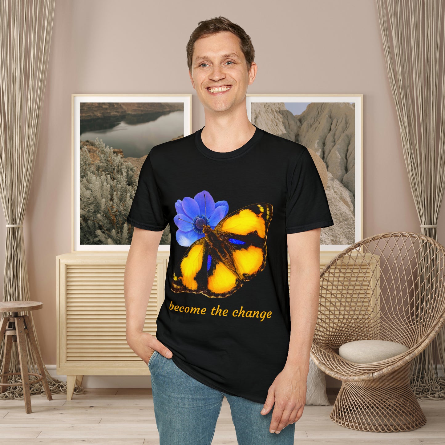 Beautiful “become the change" Unisex Softstyle T-Shirt butterfly design. Great as a gift or get one for yourself.