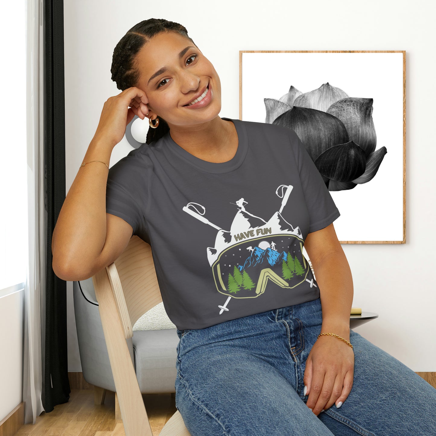 Winter fun! Go ski, snowboard and enjoy all that powder! This is a Unisex Softstyle T-Shirt.